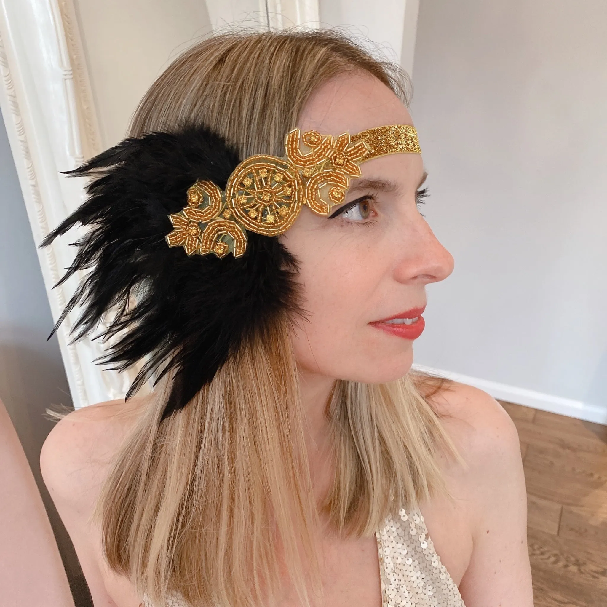 Flapper Headband in Gold with Beading and Feathers