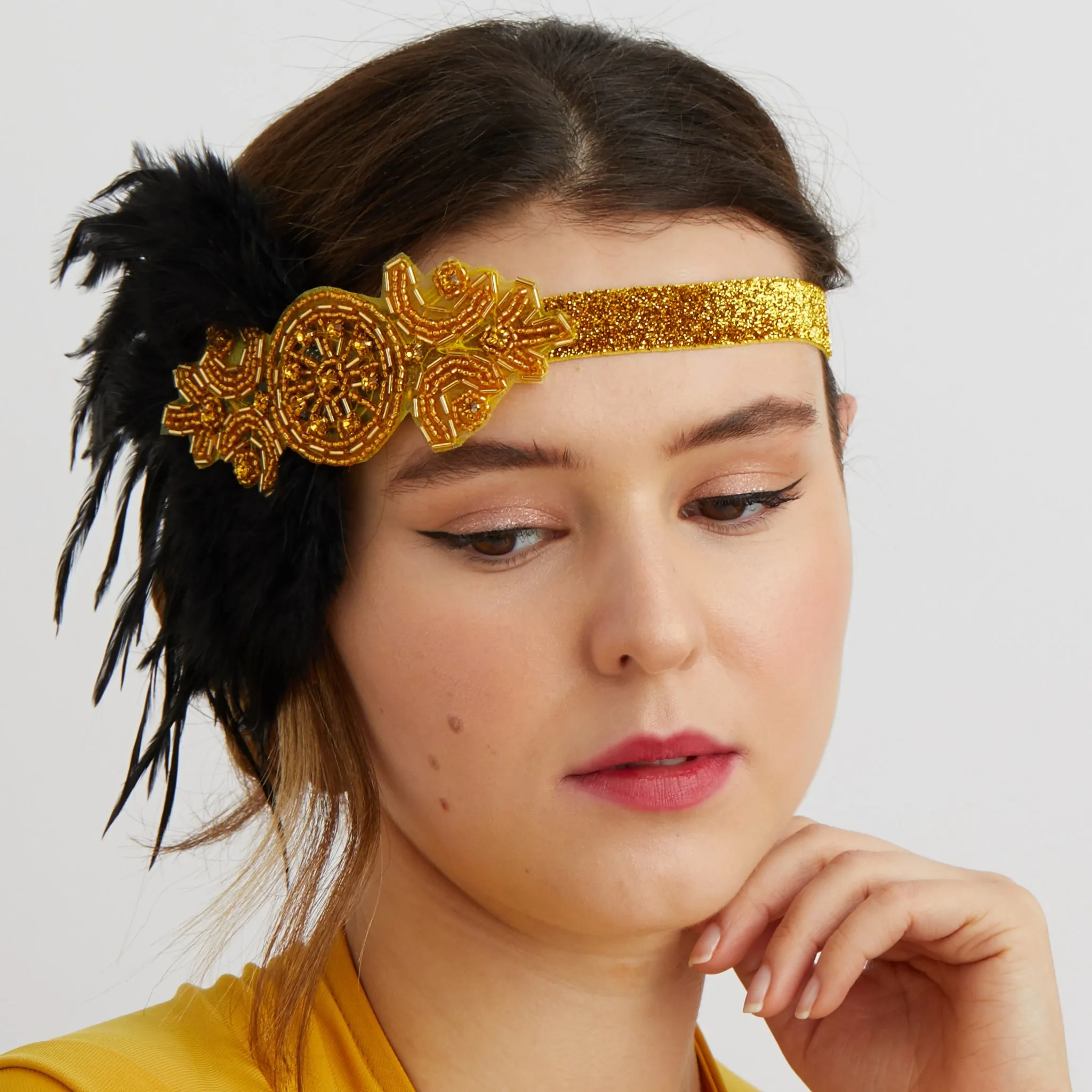 Flapper Headband in Gold with Beading and Feathers