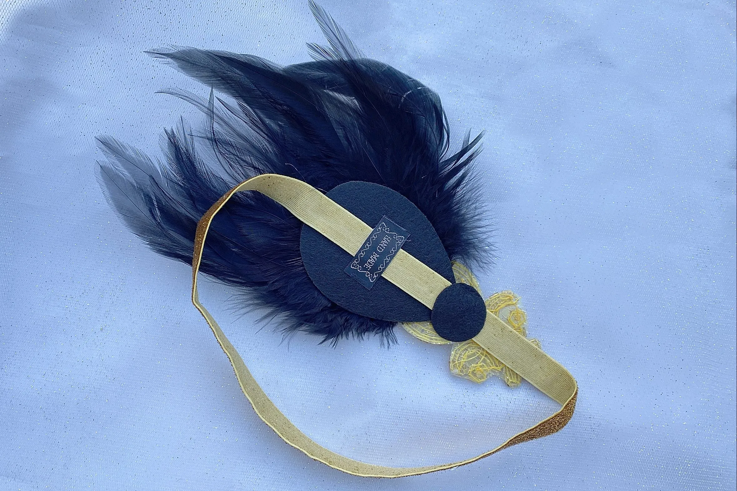 Flapper Headband in Gold with Beading and Feathers