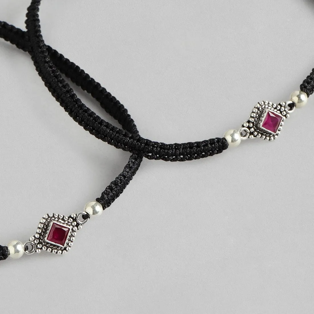 Floral Rhodium Plated Red CZ 925 Sterling Silver Thread Anklet