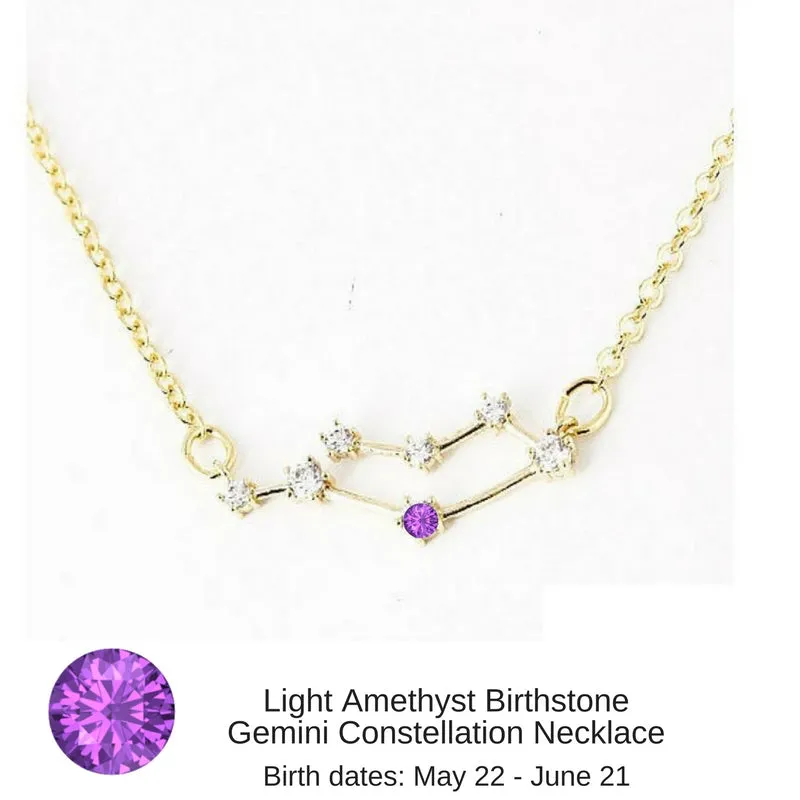 Gemini Constellation Zodiac Necklace with Light Amethyst Birthstone - "Star Candy"