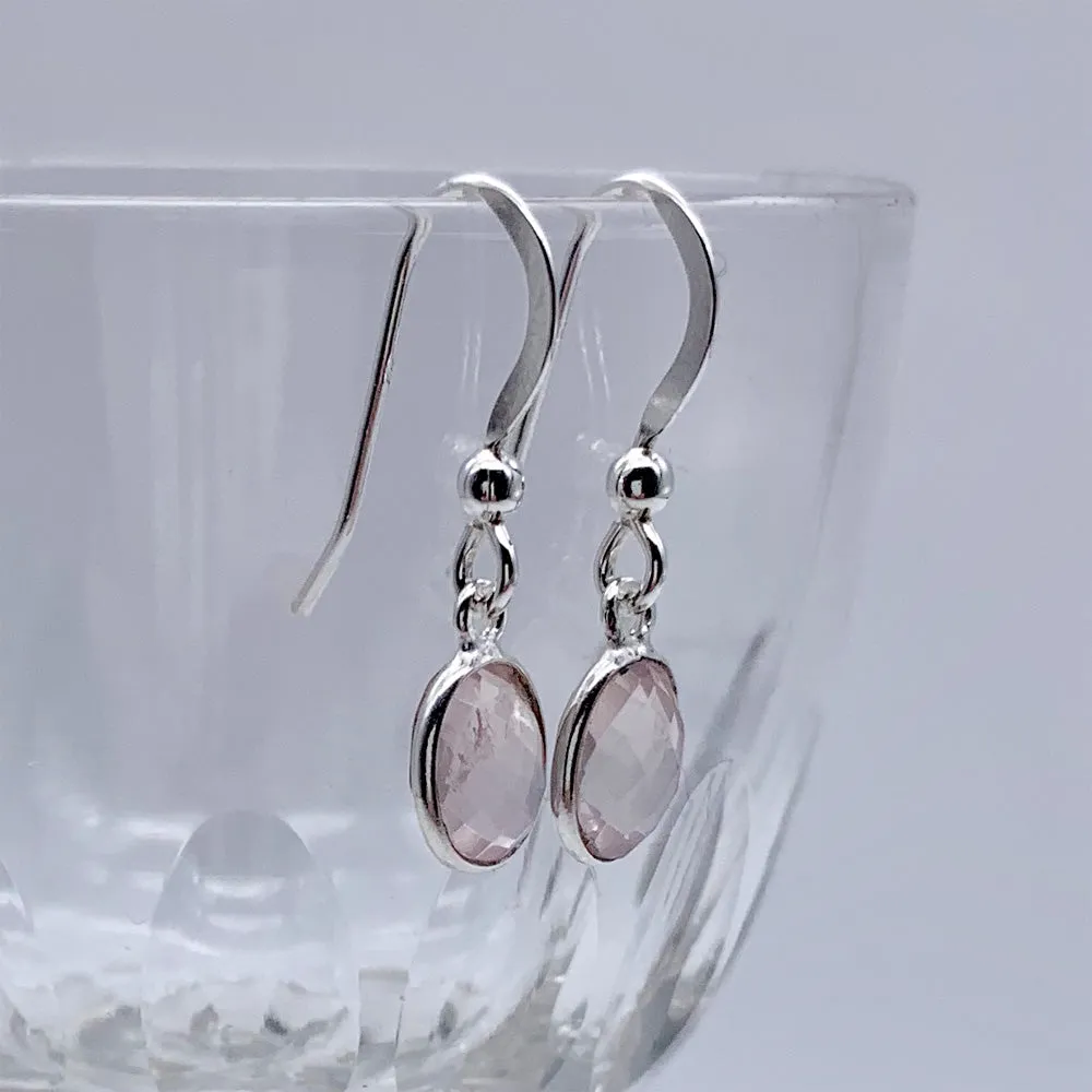 Gemstone earrings with rose quartz (pink) crystal drops on silver or gold hooks