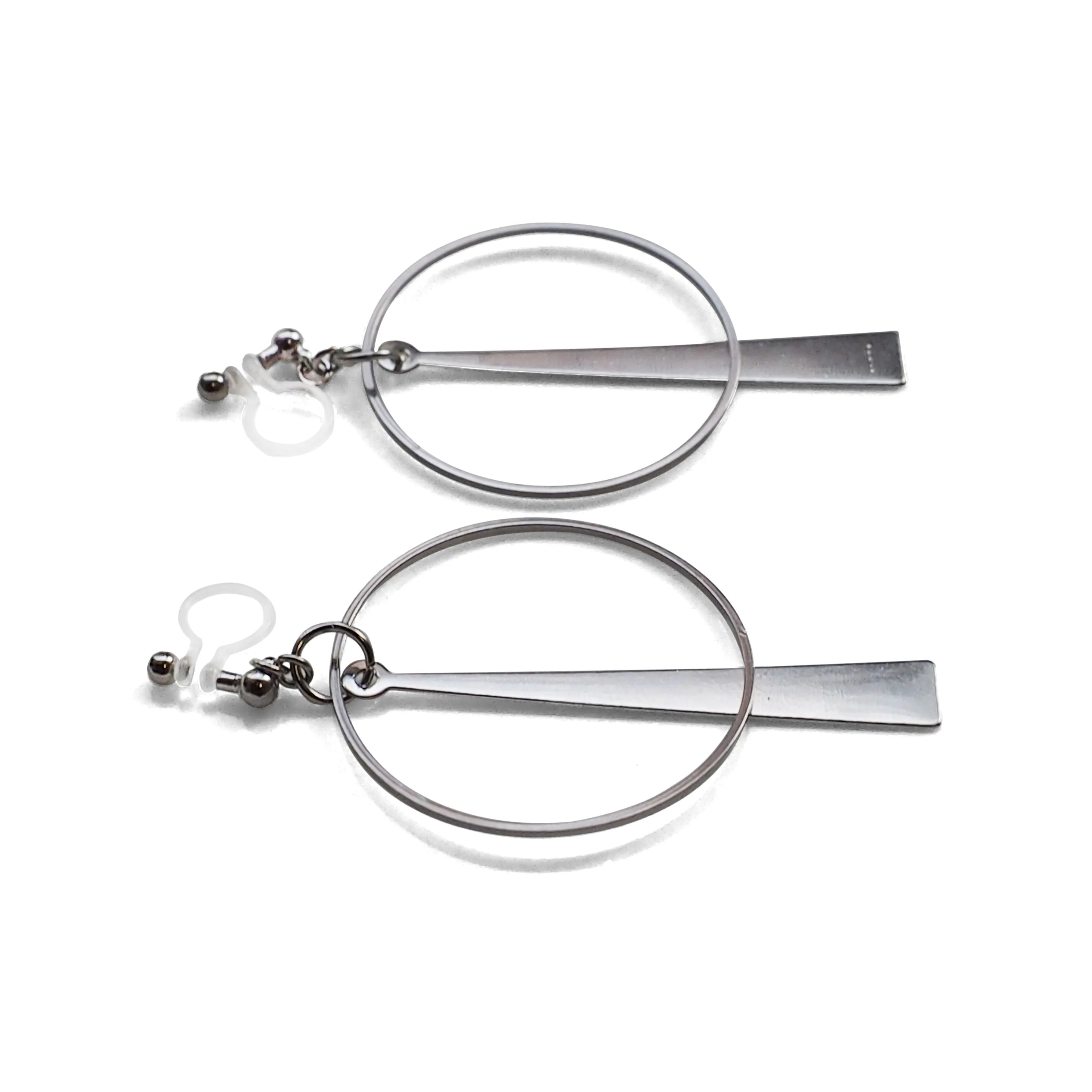 Geometric silver hoop invisible clip on earrings