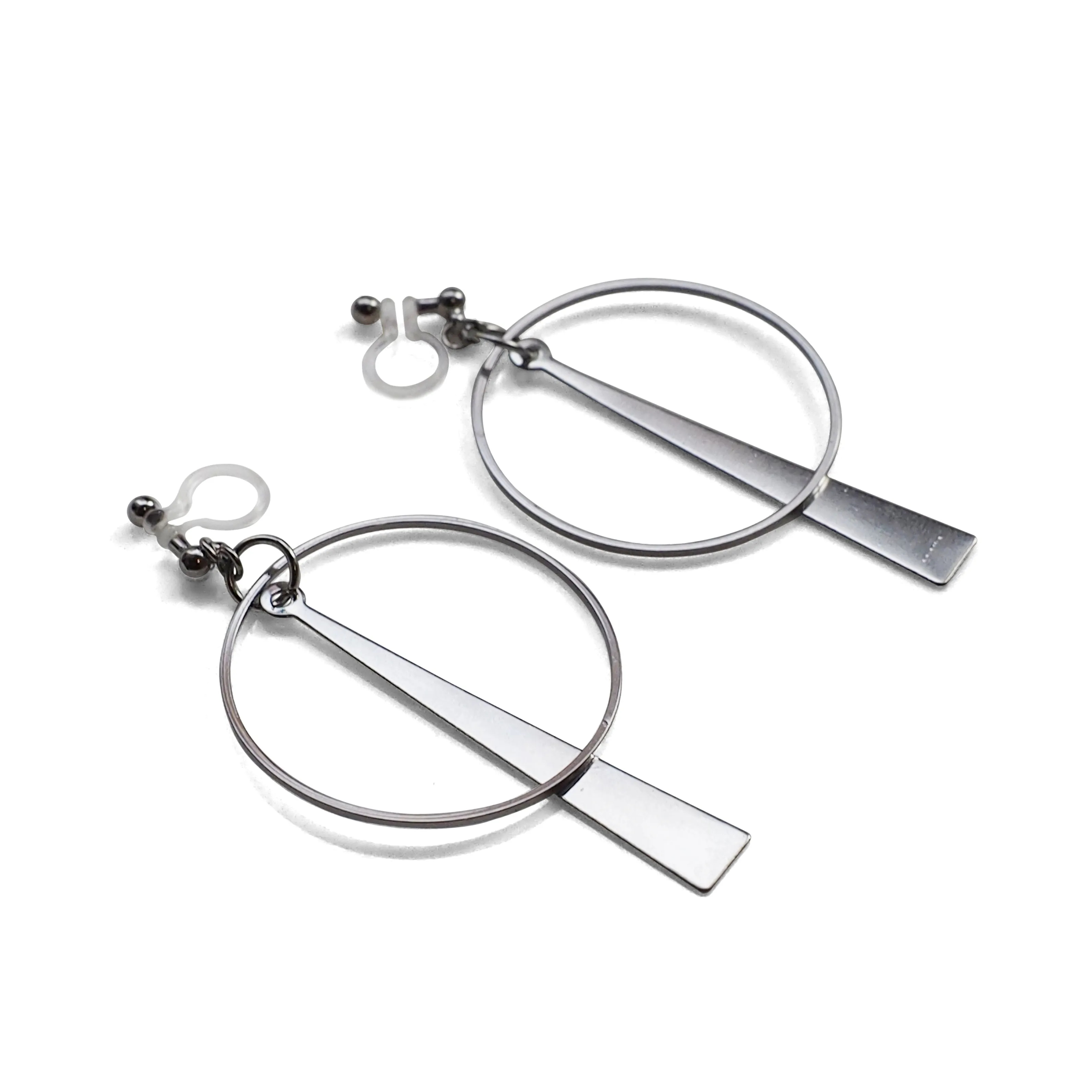 Geometric silver hoop invisible clip on earrings