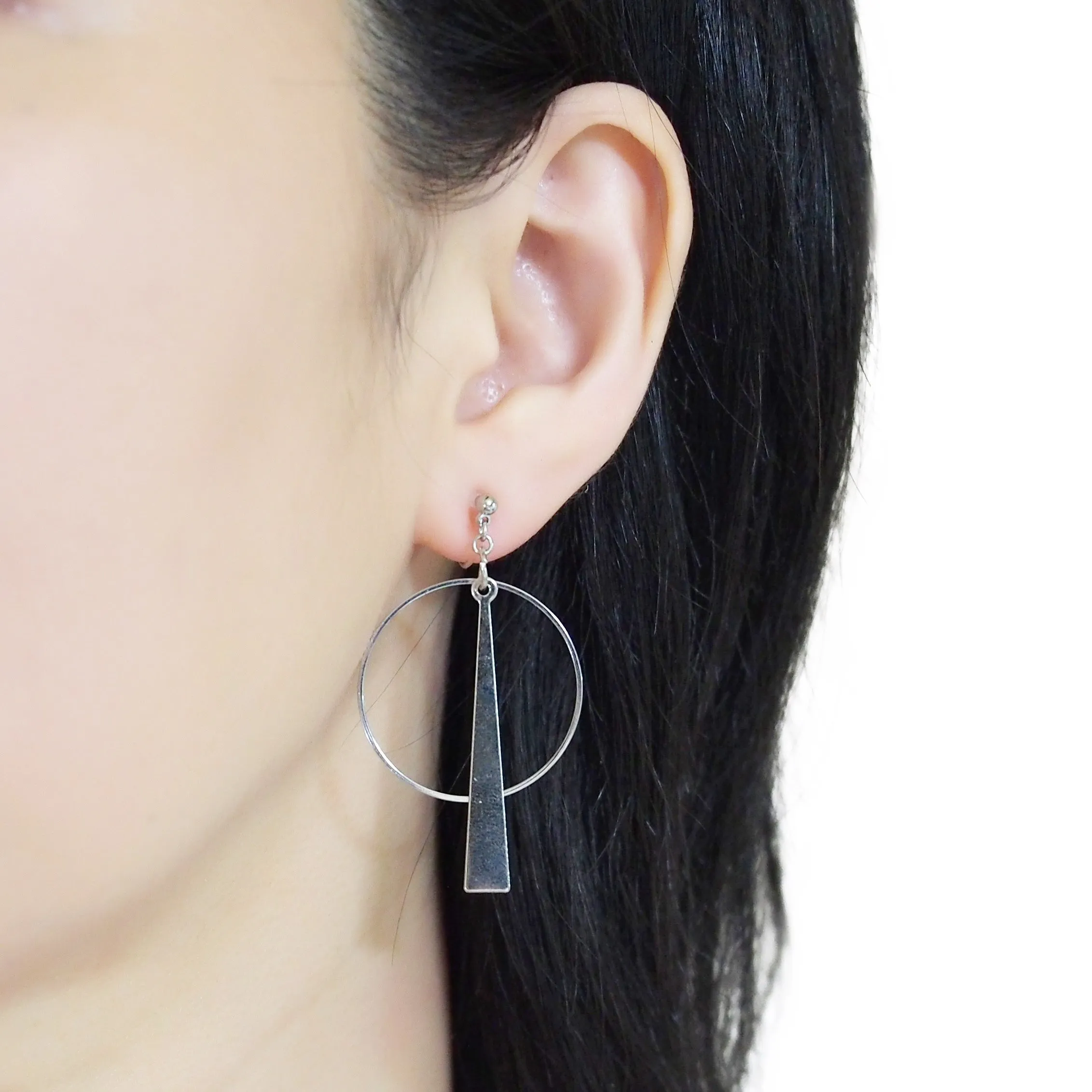 Geometric silver hoop invisible clip on earrings