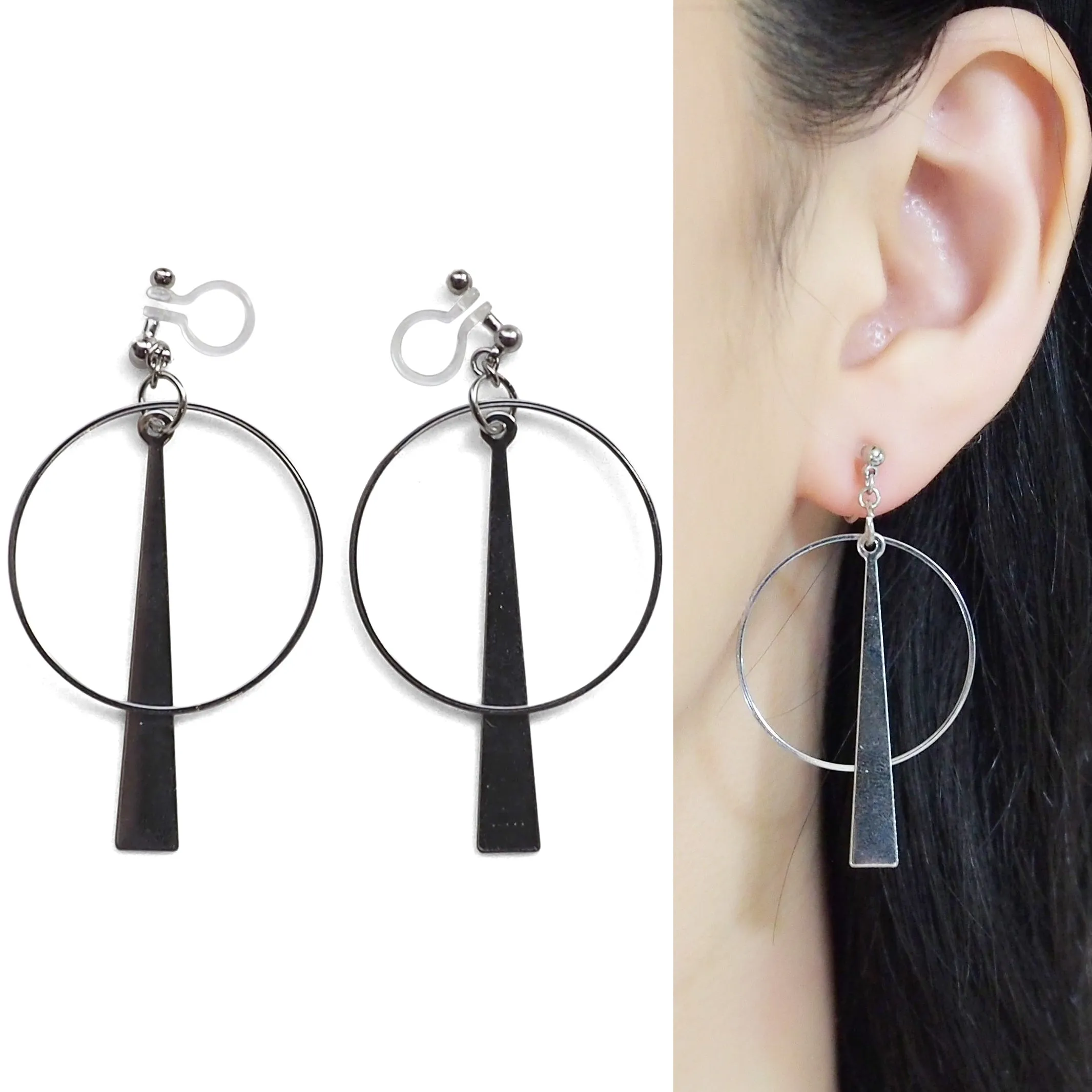 Geometric silver hoop invisible clip on earrings