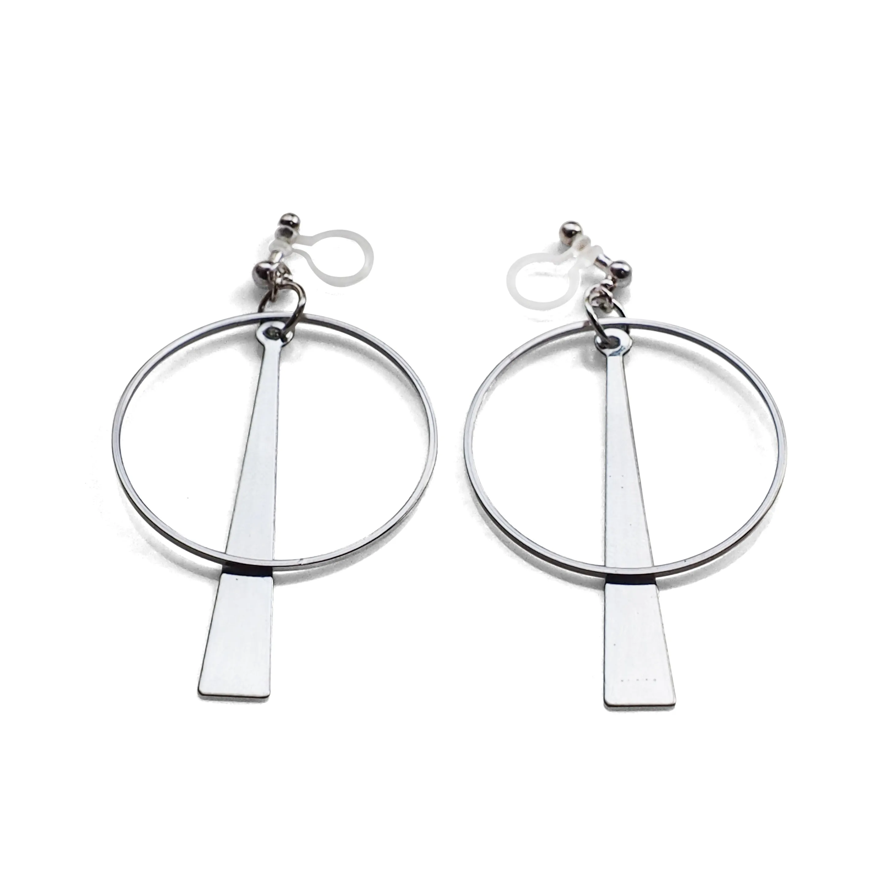 Geometric silver hoop invisible clip on earrings