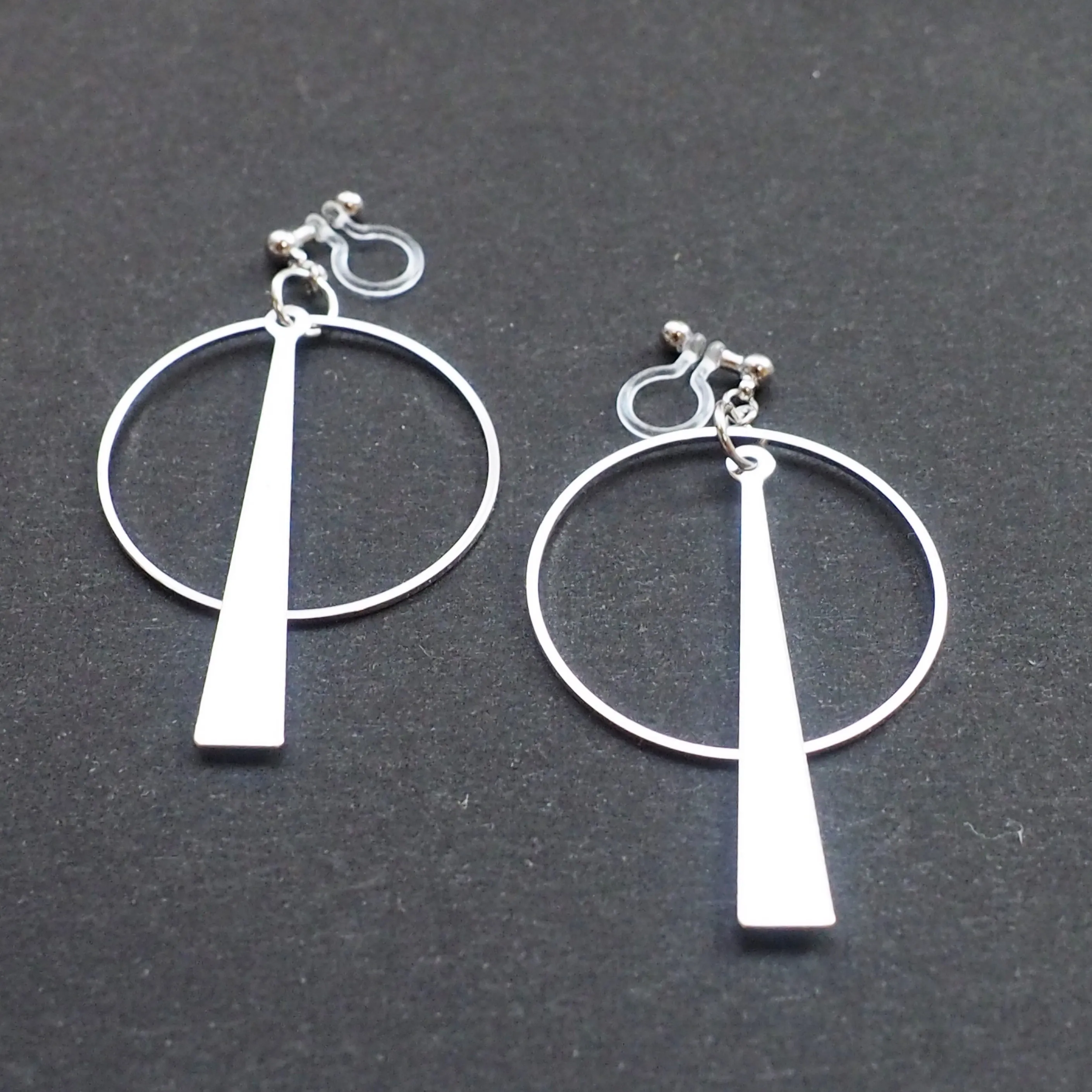 Geometric silver hoop invisible clip on earrings