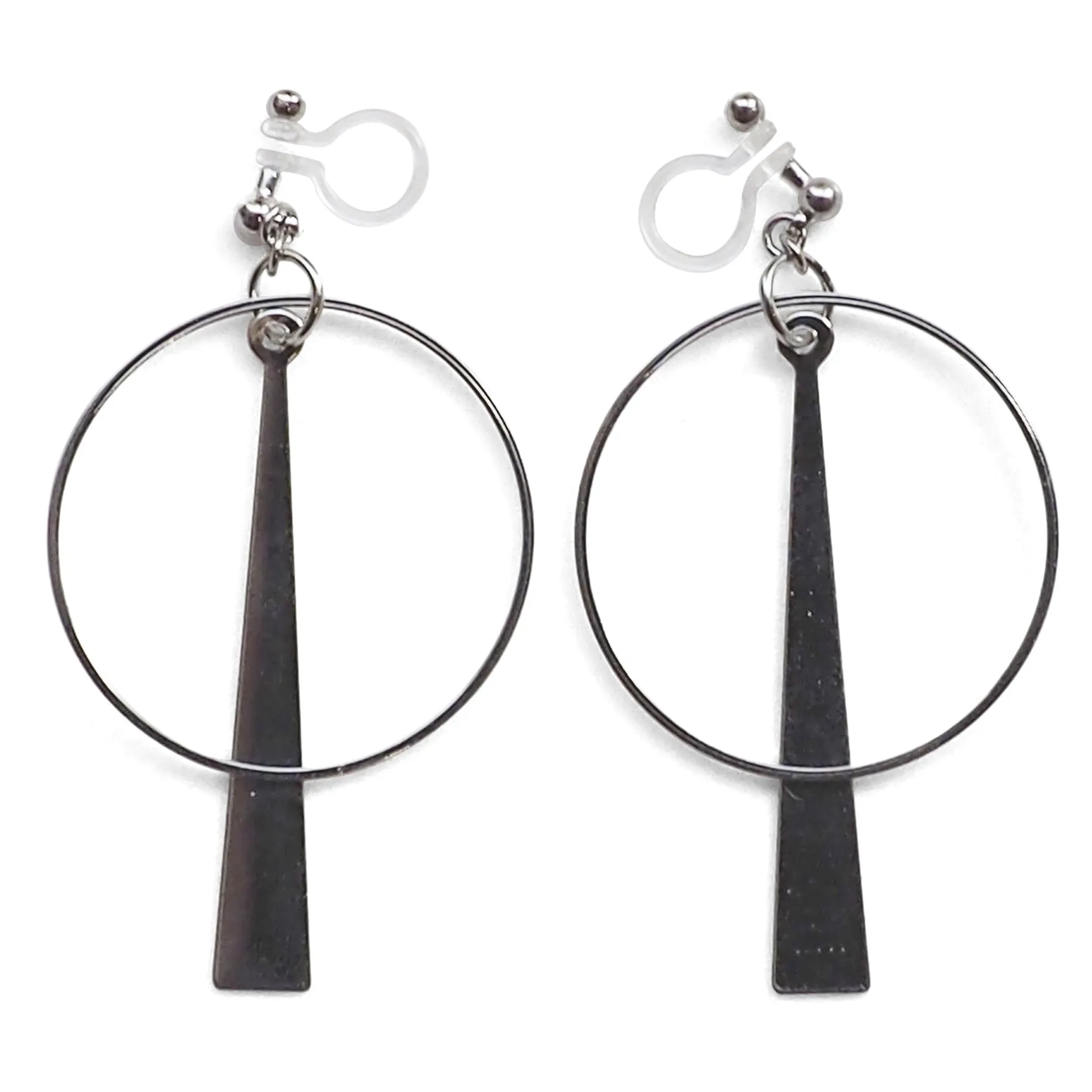 Geometric silver hoop invisible clip on earrings