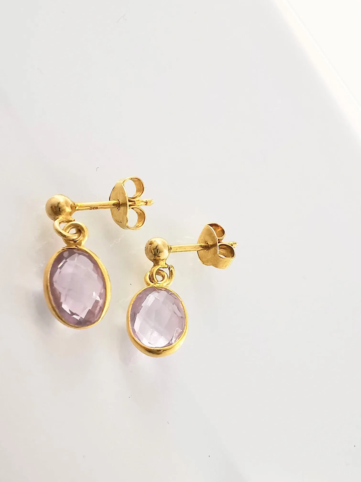 Gold Pink Amethyst Stud Drop Earrings