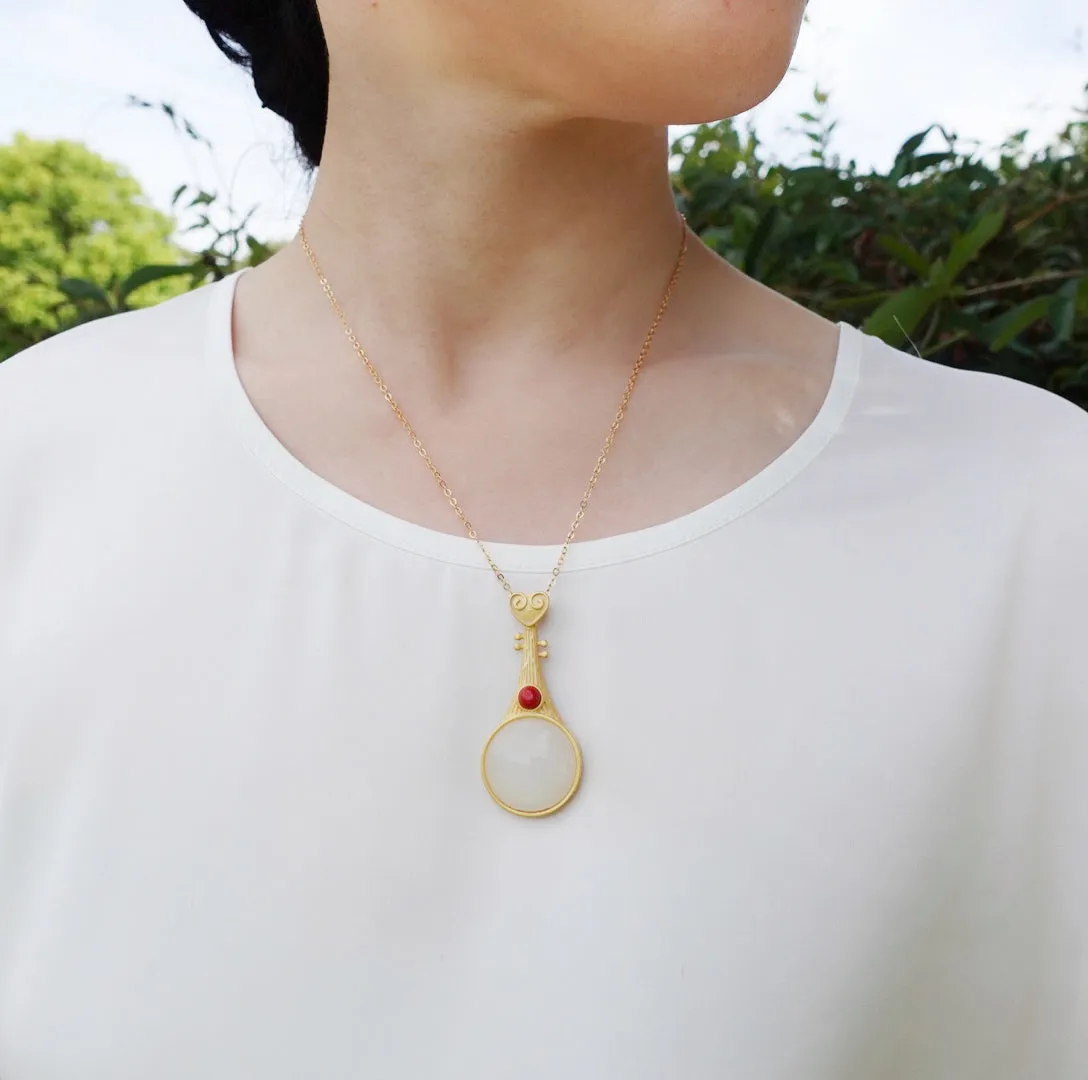 Gold Pipa White Jade Necklace