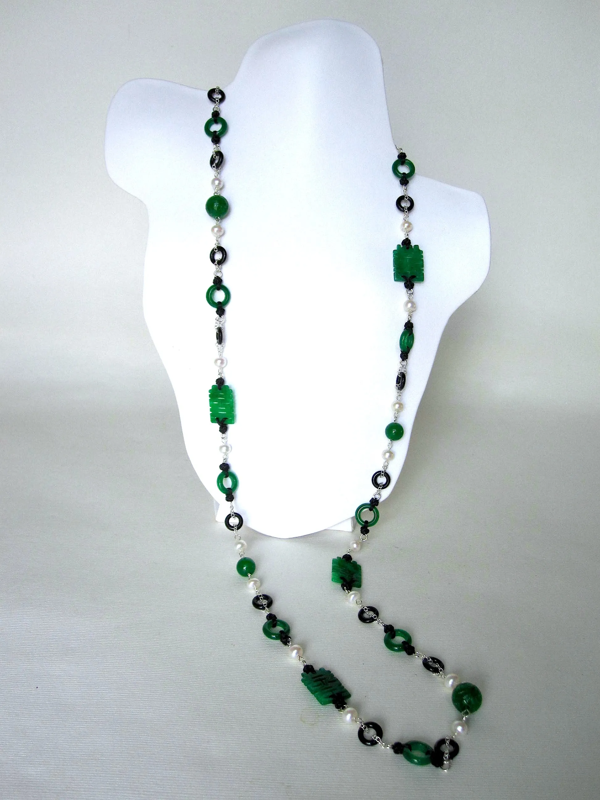 Green Jade, Black Agate, Fresh Water Pearls, Black Silk Knots Necklace