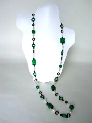 Green Jade, Black Agate, Fresh Water Pearls, Black Silk Knots Necklace