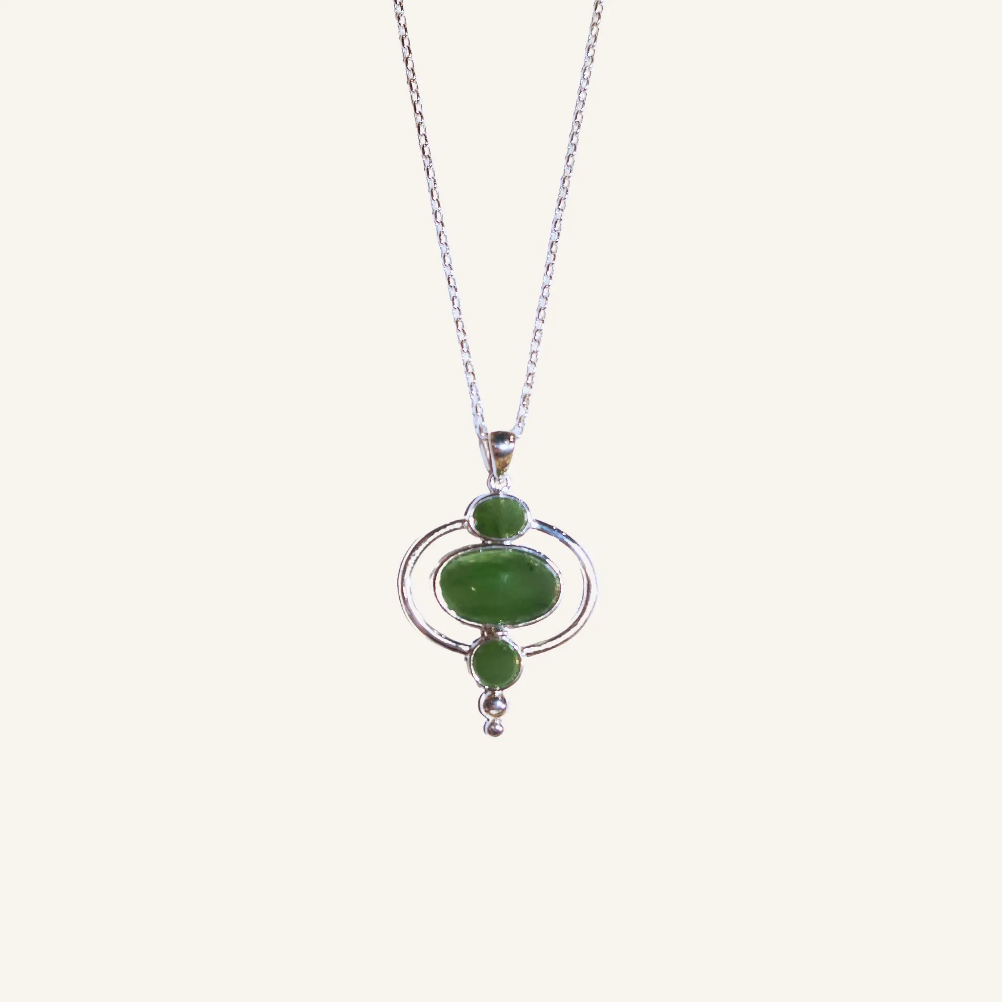 Greenstone & Silver  - 3 Stone Oval Contemporary Pendant