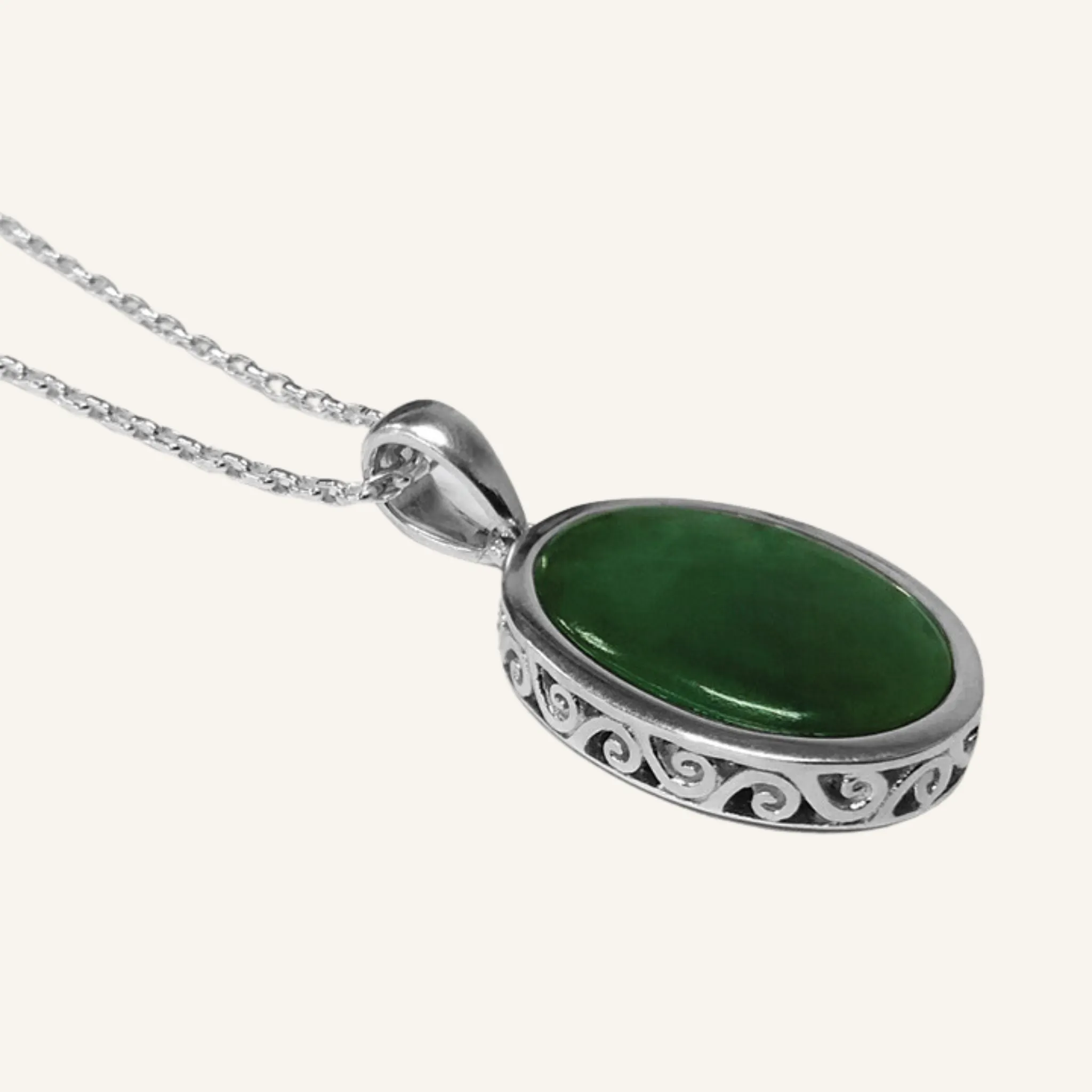 Greenstone Koru Filigree Silver - Oval Pendant