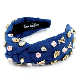 Hand Sewn Blue Baseball Jeweled Knot Headband