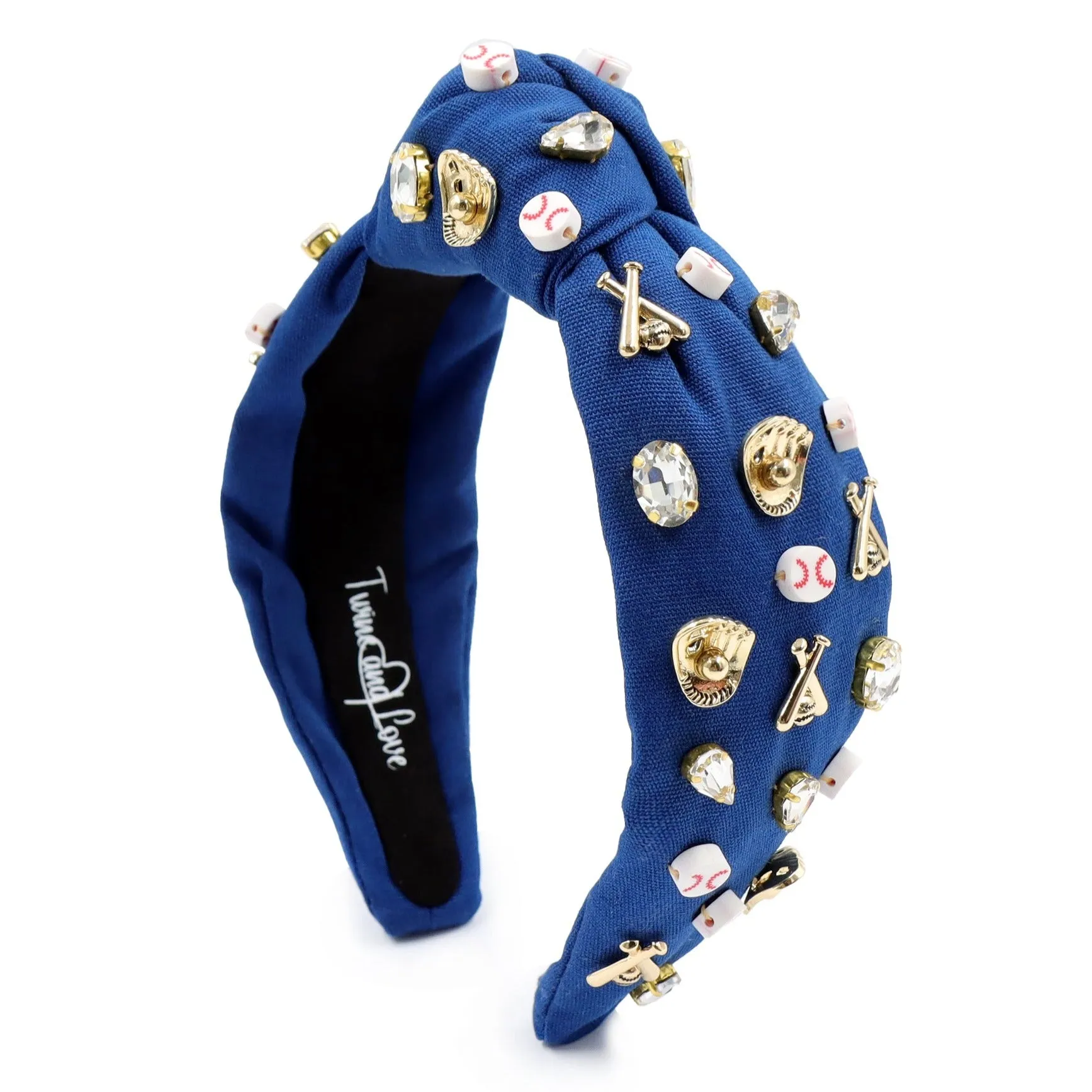 Hand Sewn Blue Baseball Jeweled Knot Headband