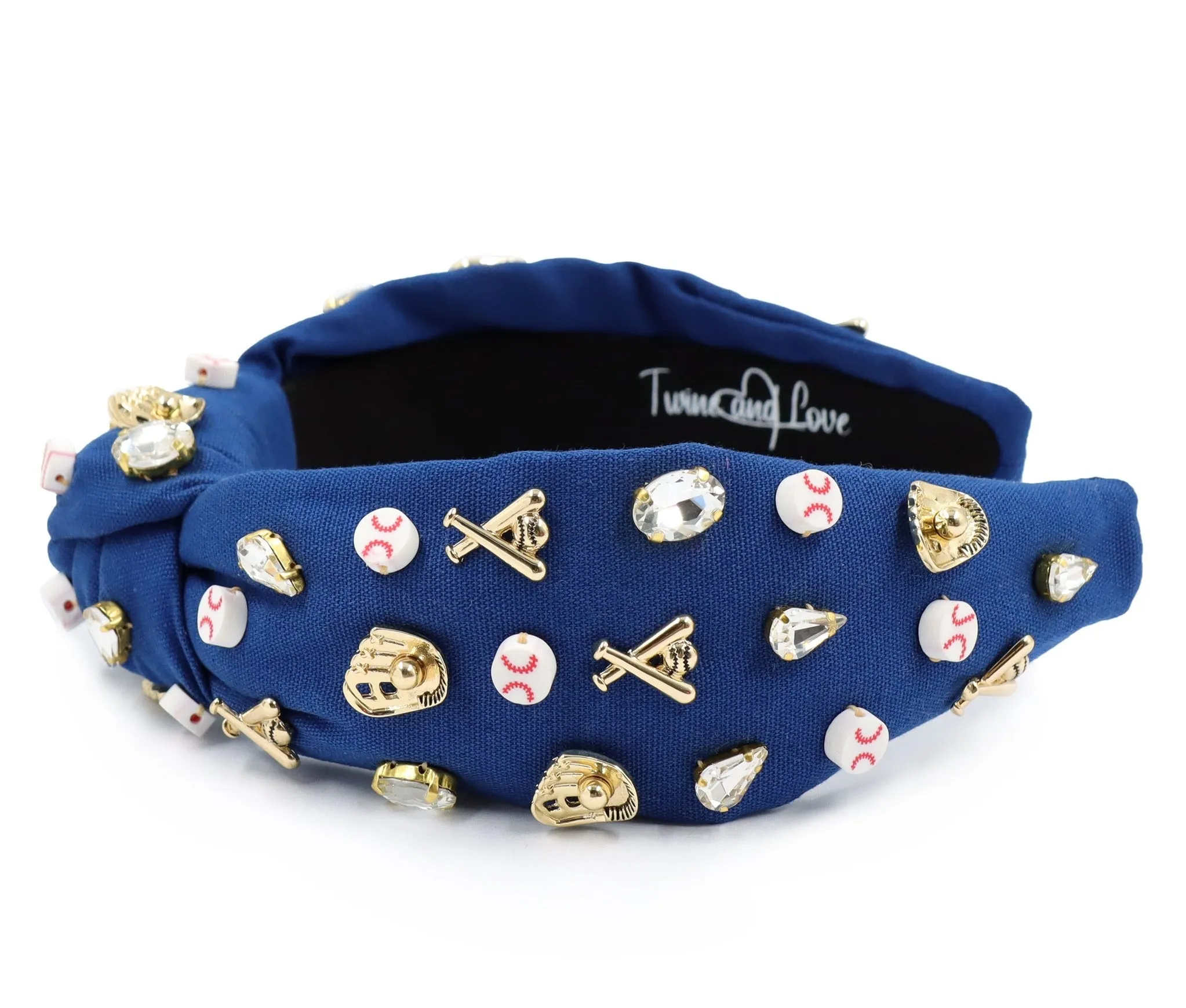 Hand Sewn Blue Baseball Jeweled Knot Headband