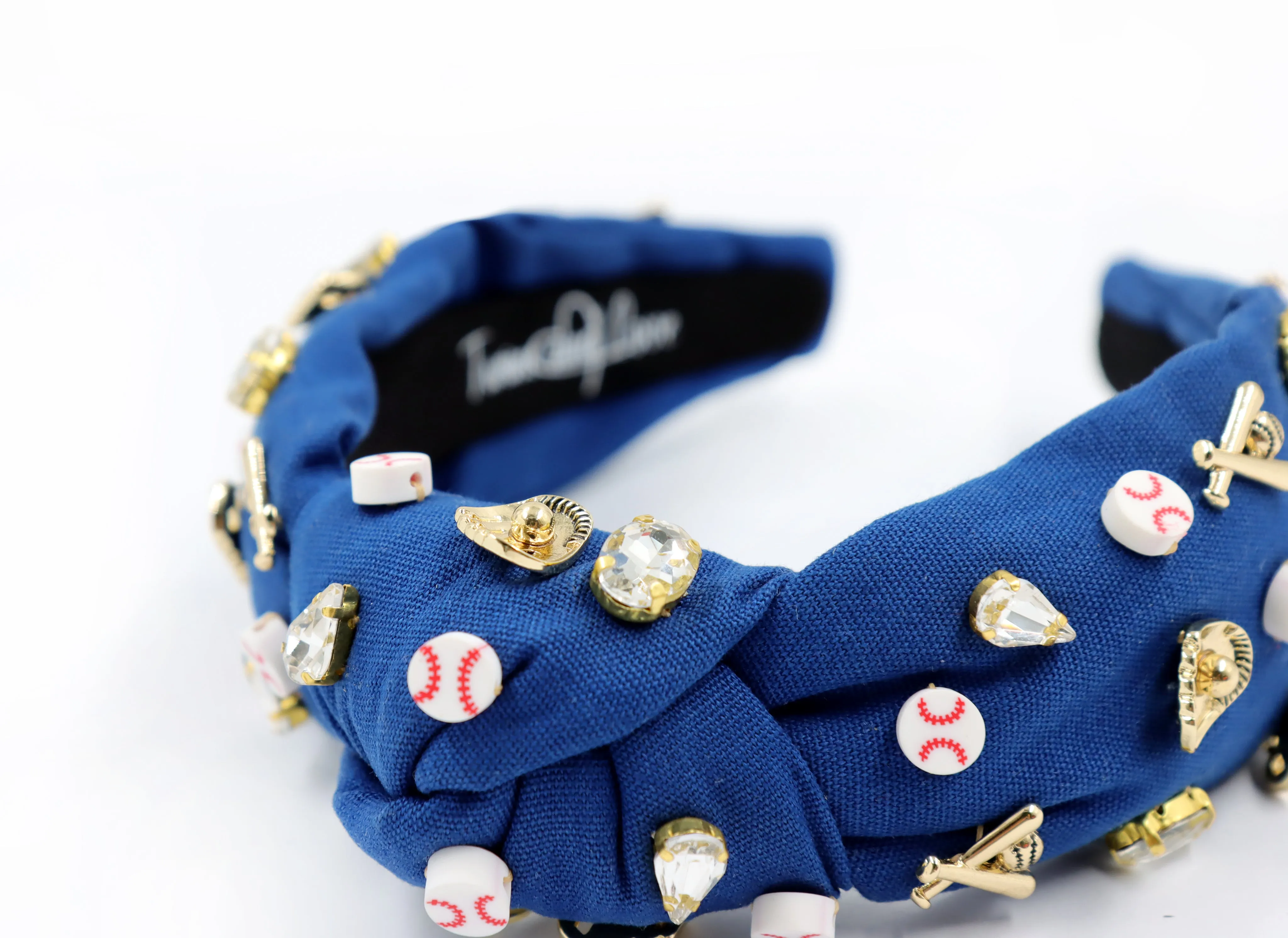 Hand Sewn Blue Baseball Jeweled Knot Headband