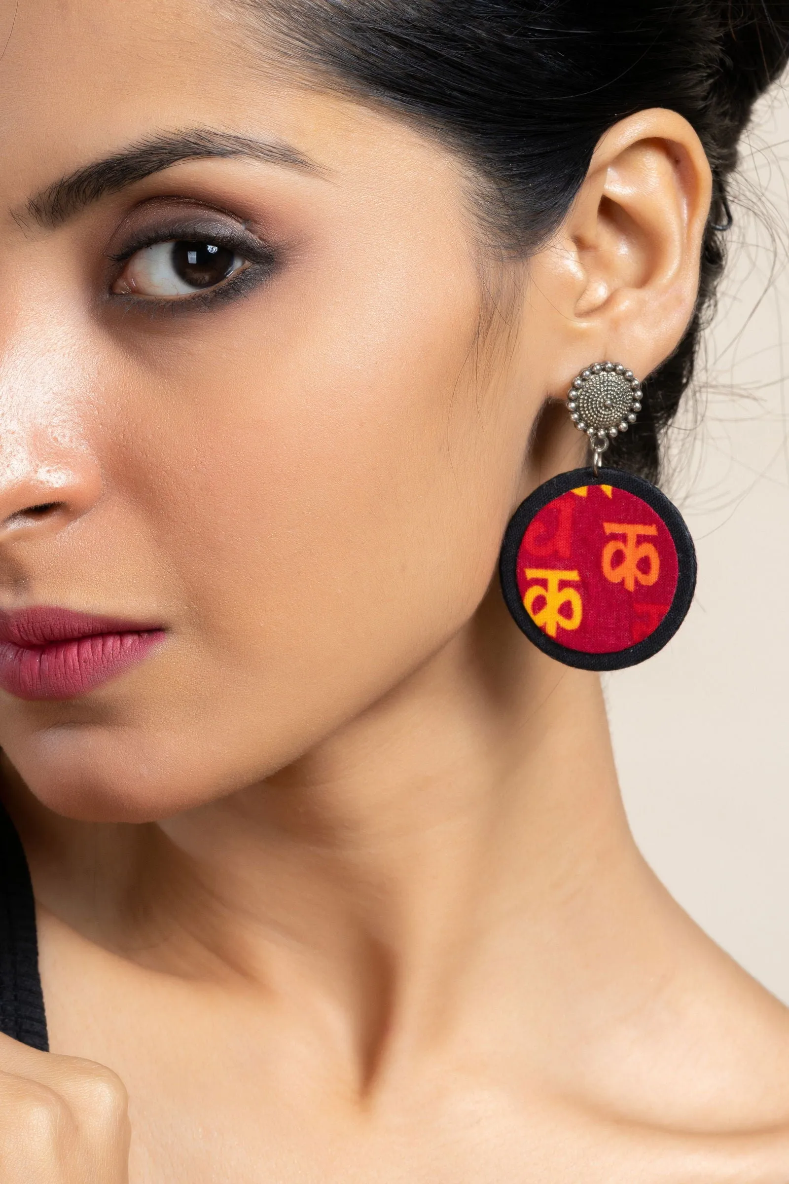 Handmade Red Yellow Black Scripted Fabric with Oxidized Floral Stud Earrings, Unique Artisanal Jewelry