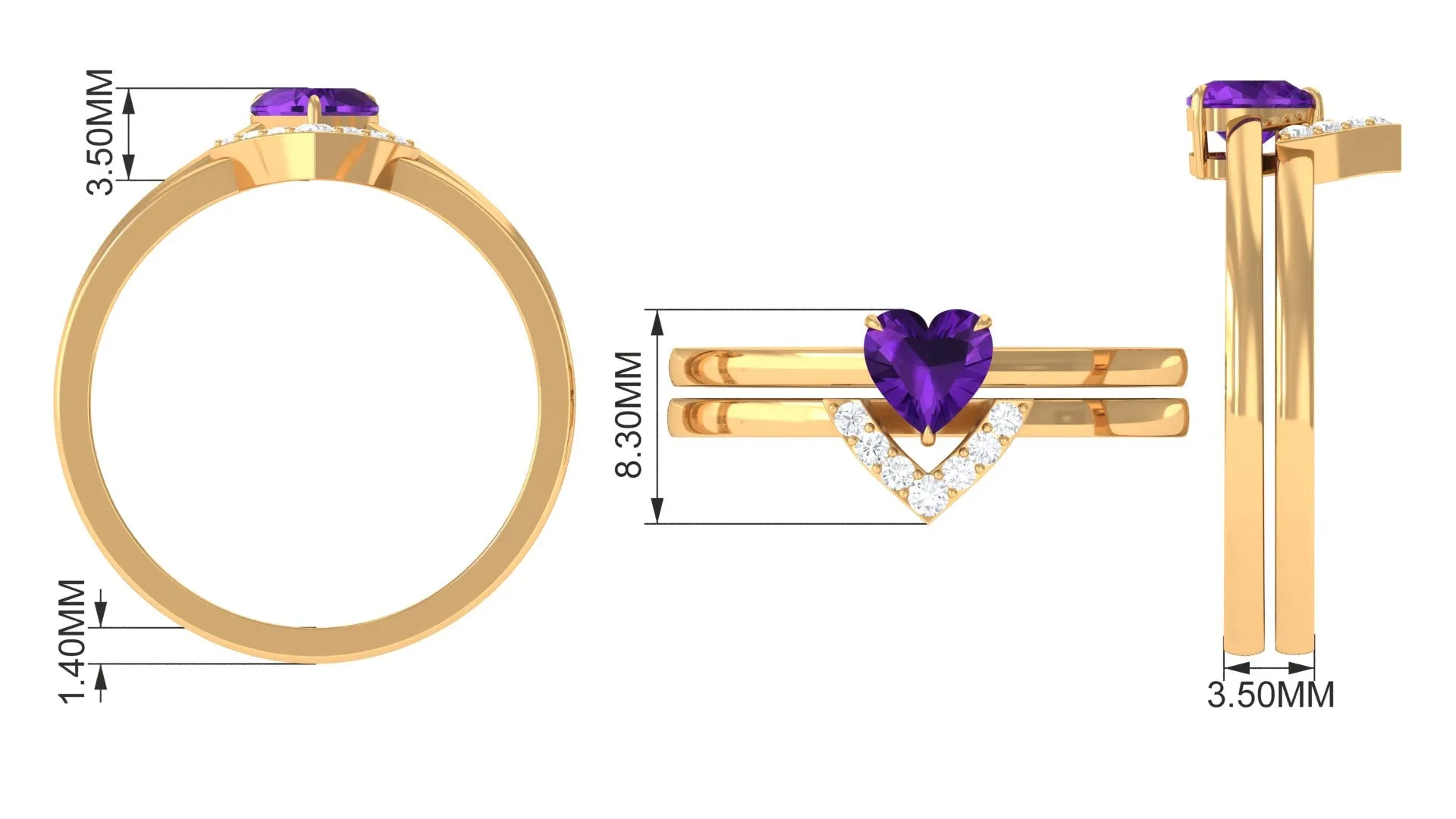 Heart Shape Amethyst and Diamond Ring Set