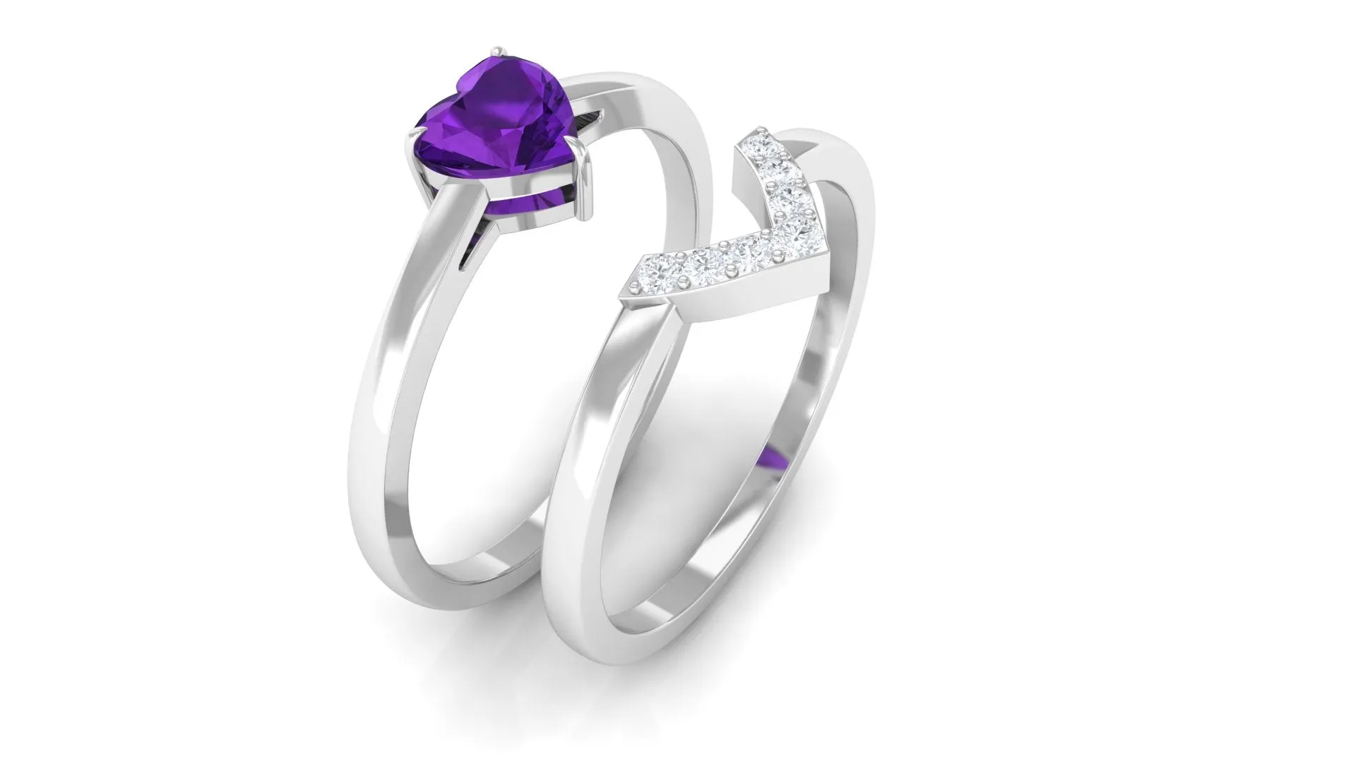 Heart Shape Amethyst and Diamond Ring Set