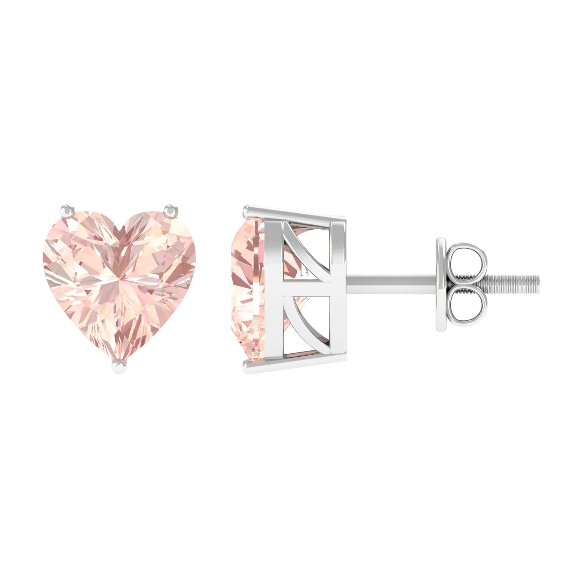 Heart Shape Morganite Solitaire Stud Earrings in 3 Prong Setting