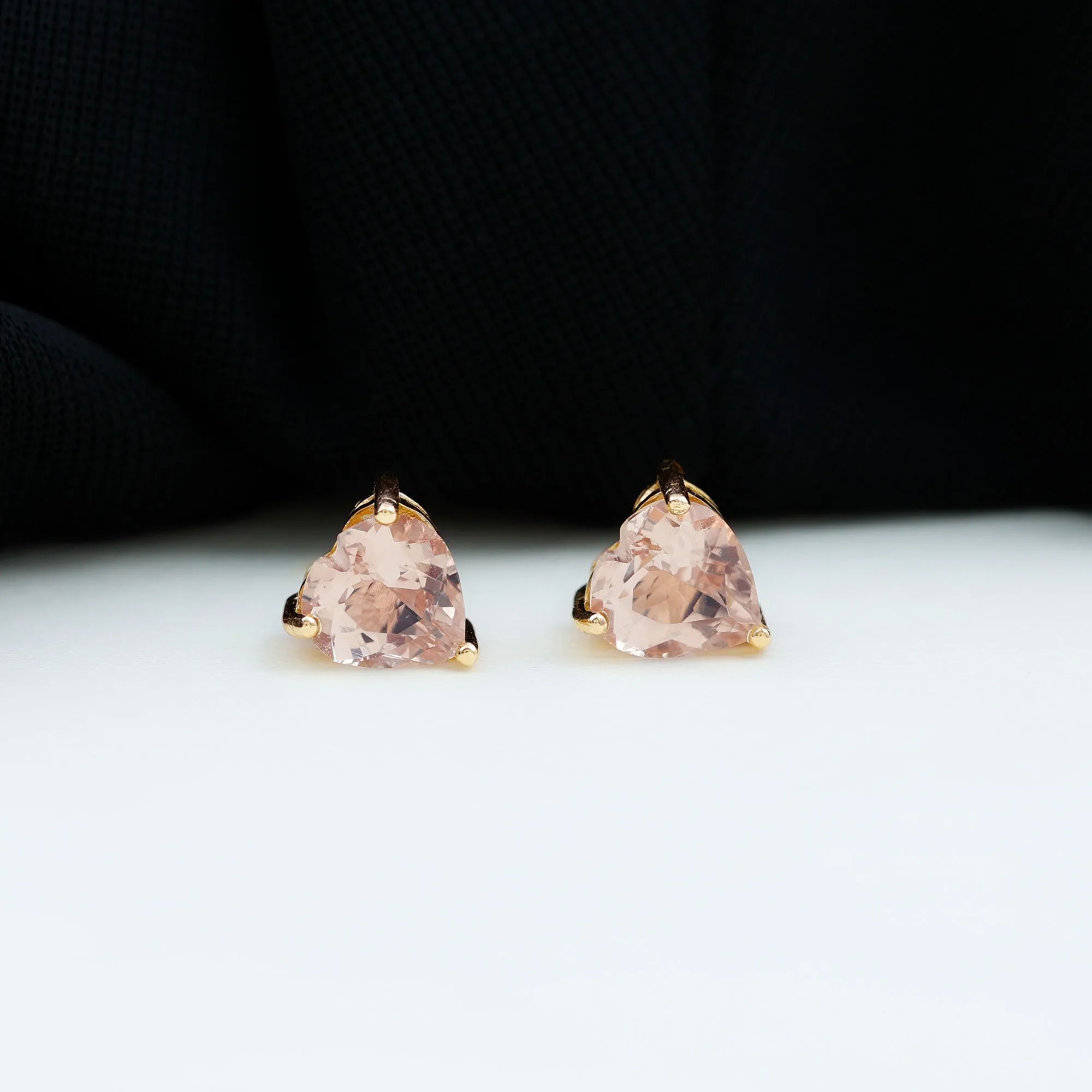 Heart Shape Morganite Solitaire Stud Earrings in 3 Prong Setting