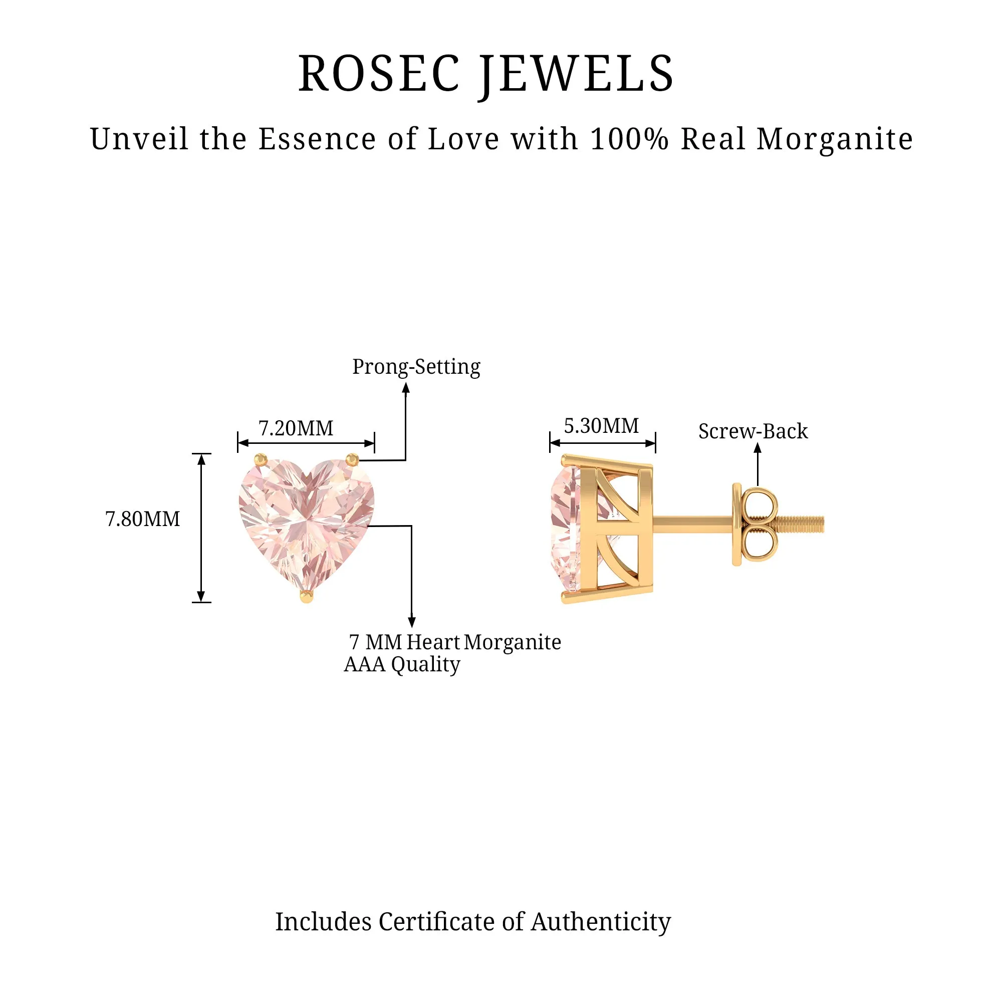 Heart Shape Morganite Solitaire Stud Earrings in 3 Prong Setting