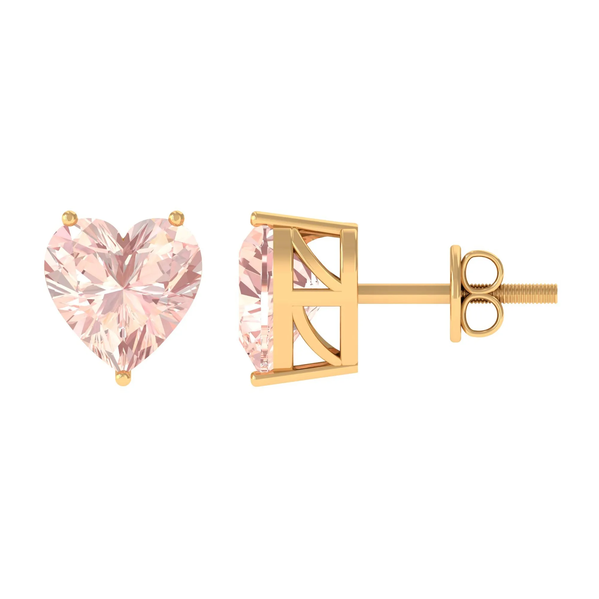 Heart Shape Morganite Solitaire Stud Earrings in 3 Prong Setting