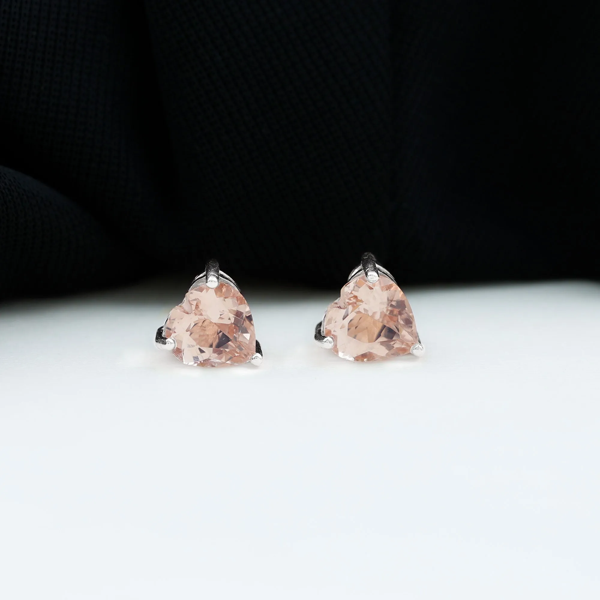 Heart Shape Morganite Solitaire Stud Earrings in 3 Prong Setting