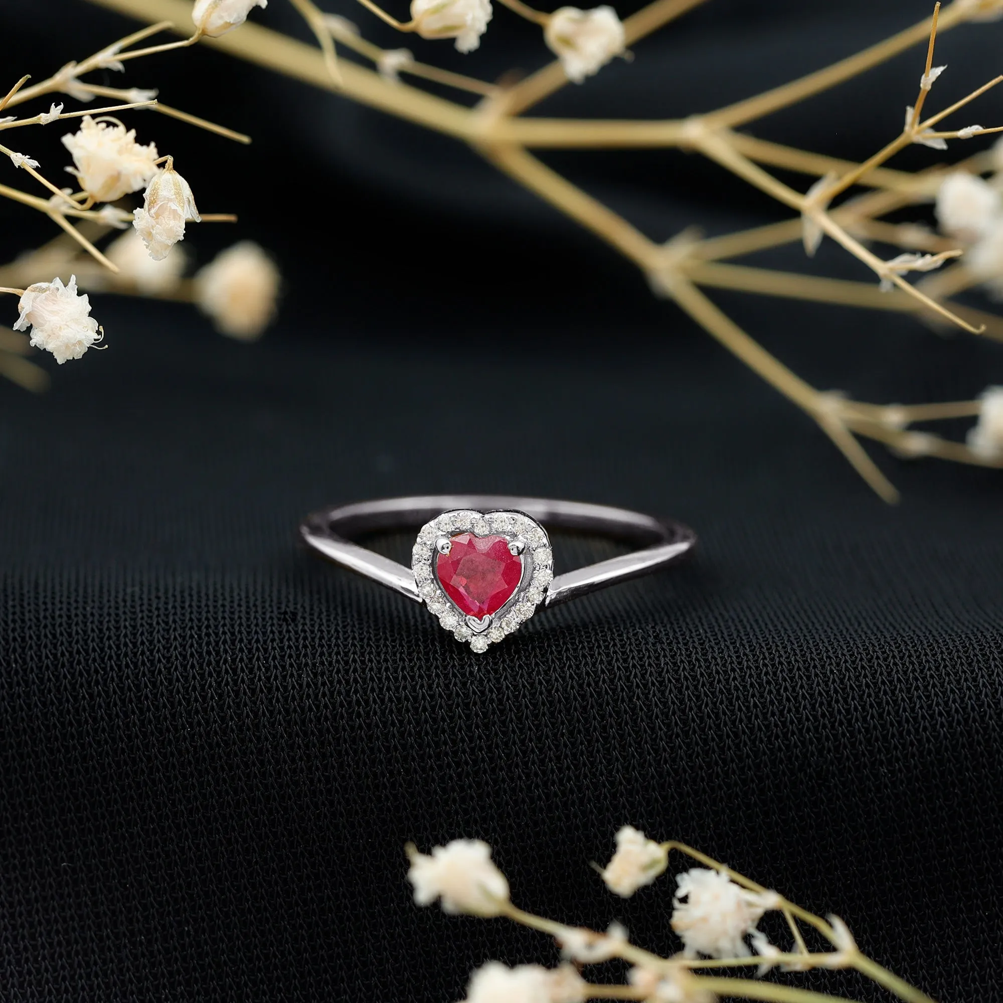 Heart Shape Ruby Promise Ring with Diamond Halo