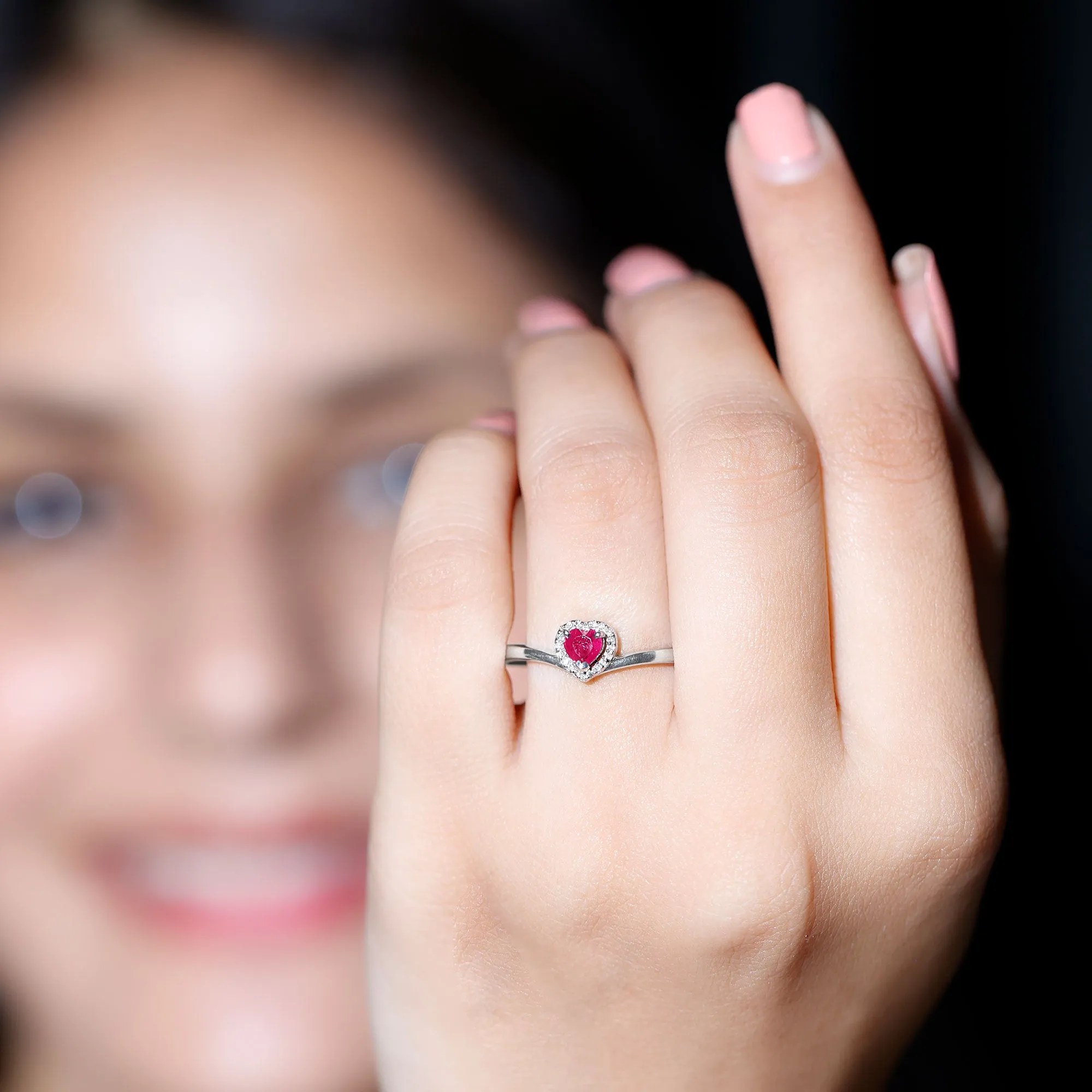 Heart Shape Ruby Promise Ring with Diamond Halo