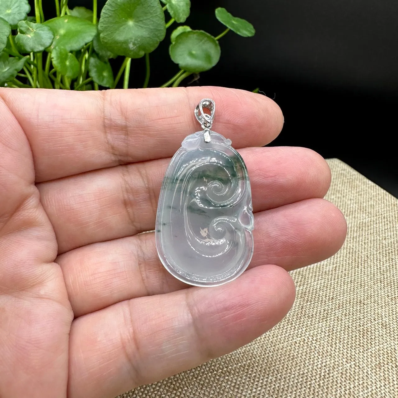 High end Genuine Burmese Ice Blue Jadeite RuYi Pendant with 18k White Gold Bail