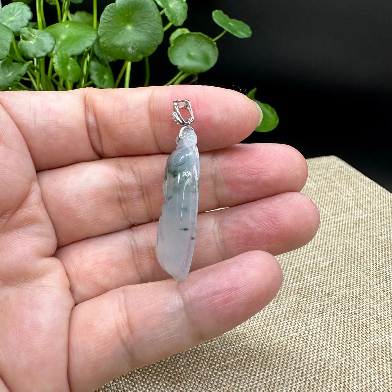 High end Genuine Burmese Ice Blue Jadeite RuYi Pendant with 18k White Gold Bail