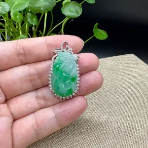 High end RealJade® Co. Genuine Burmese Green Jadeite Jade RuYi Pendant with 18k White Gold Diamond Bail