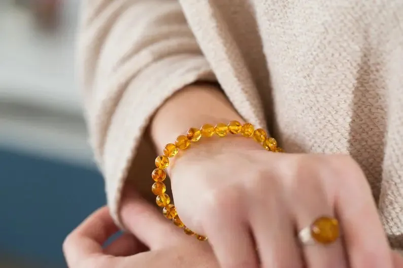 Honey Amber Sphere Bead Bracelet - Natural Baltic Amber, Polished Finish, Unisex Design