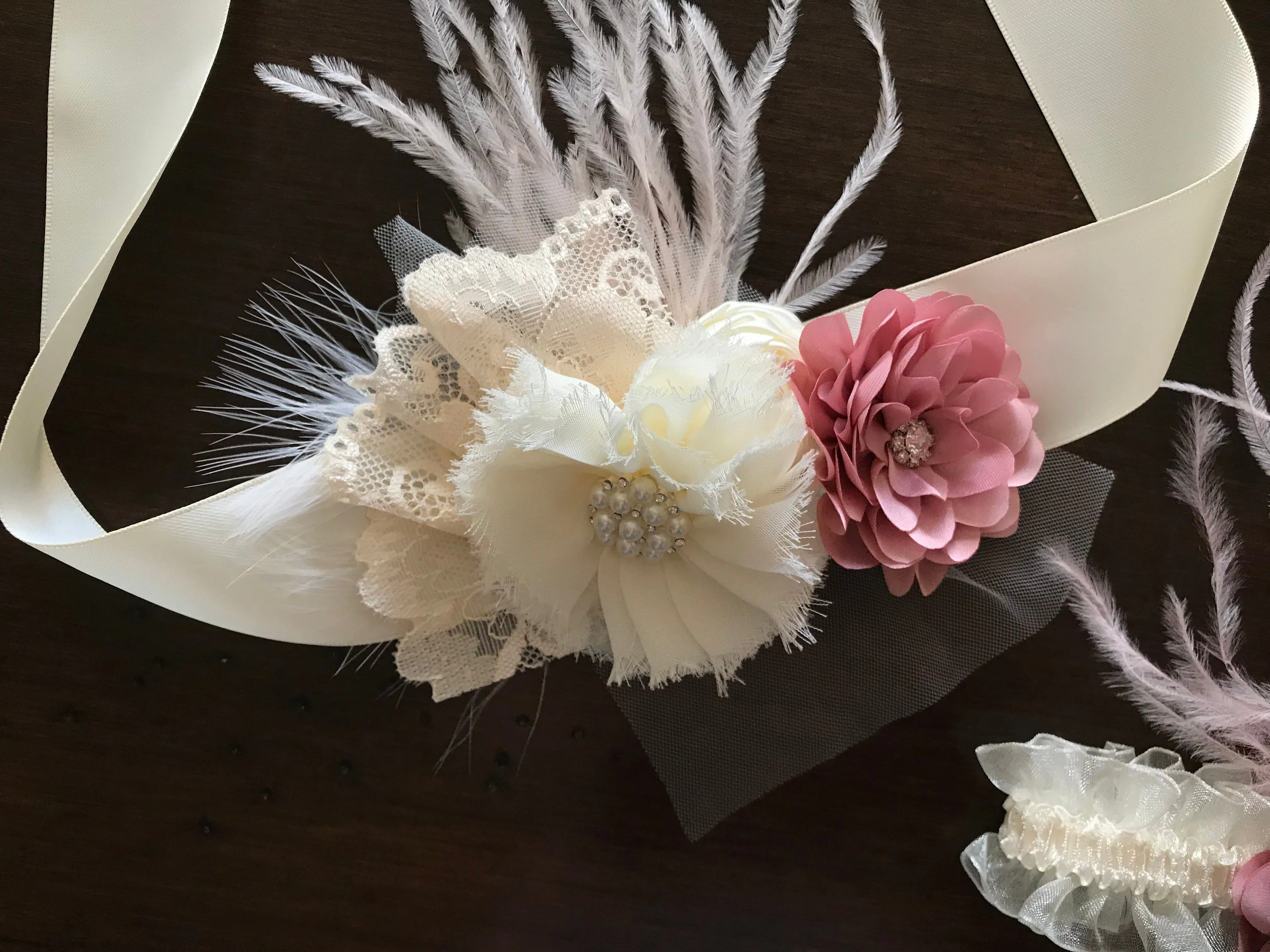 Ivory and Rose Pink Christening Headband and Sash