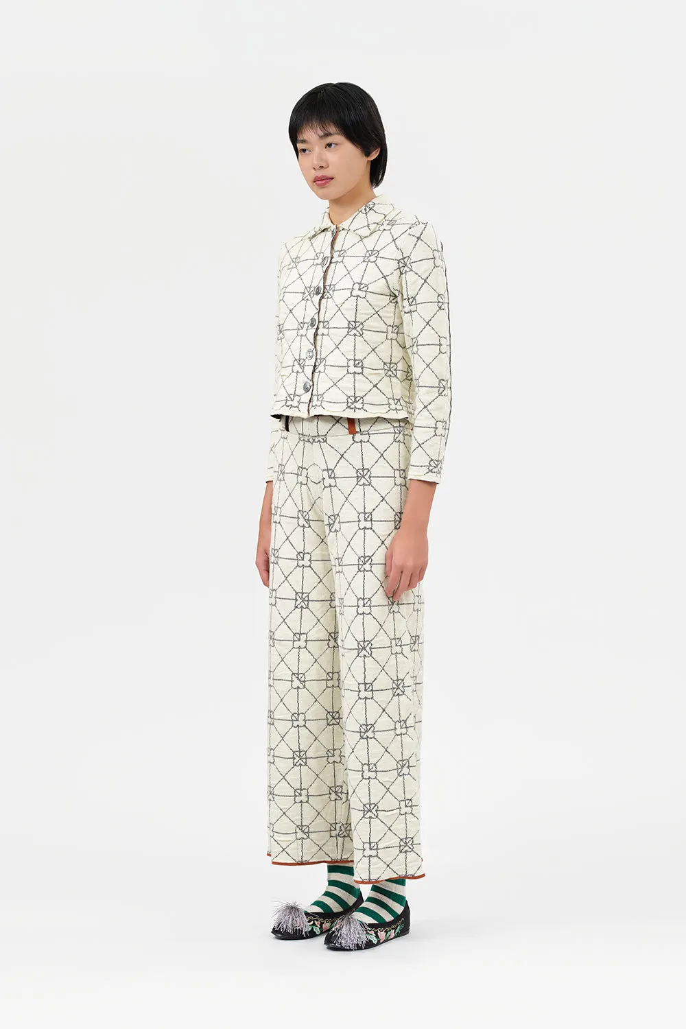 June Shrunken Work Jacket in Ivory Crinkle Jacquard