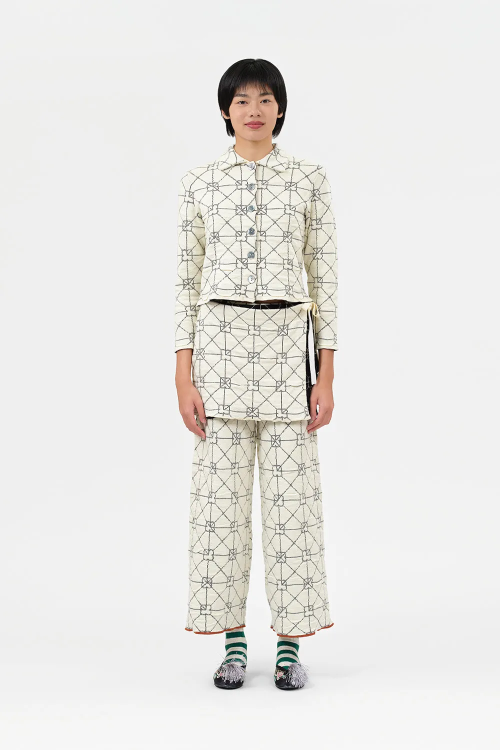 June Shrunken Work Jacket in Ivory Crinkle Jacquard