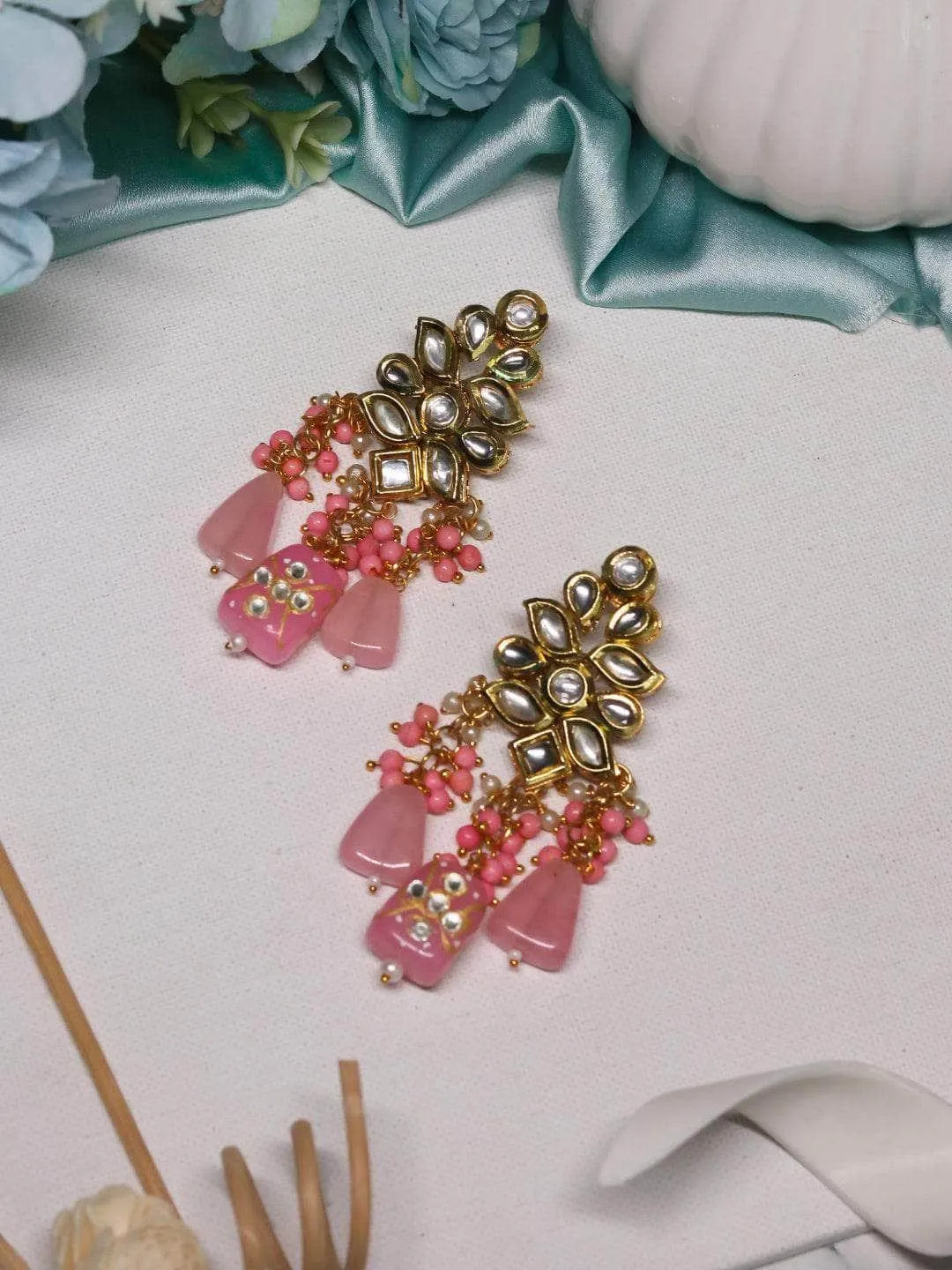 Kundan Precious Stone Earrings Light Pink