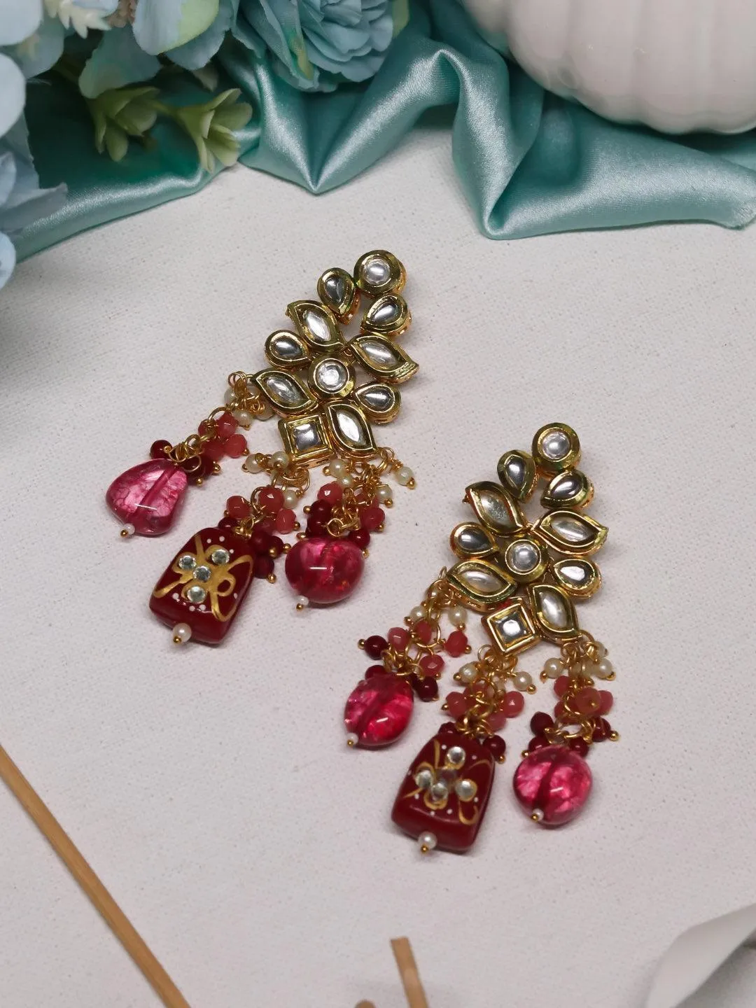 Kundan Precious Stone Earrings Light Pink