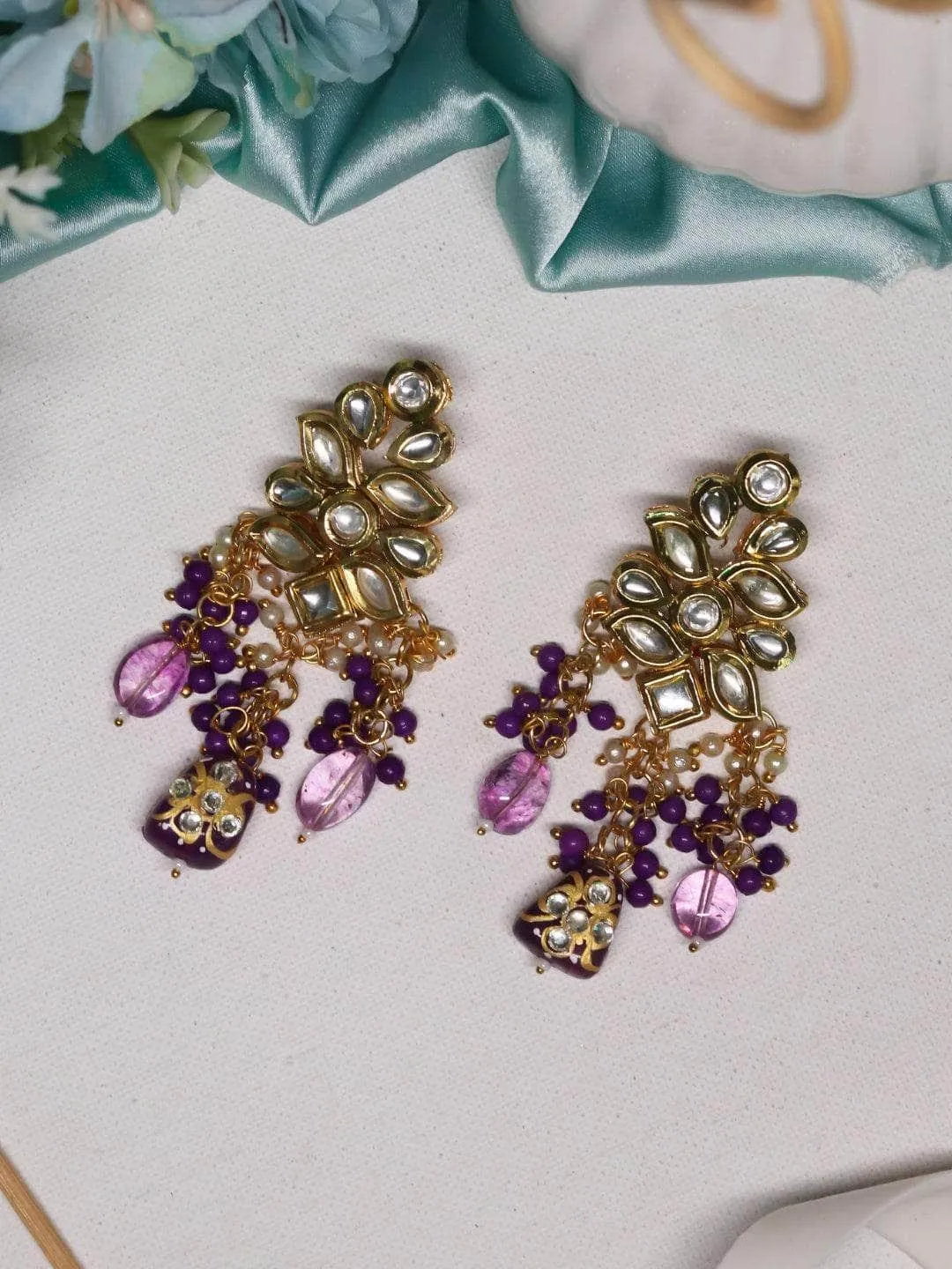 Kundan Precious Stone Earrings Light Pink