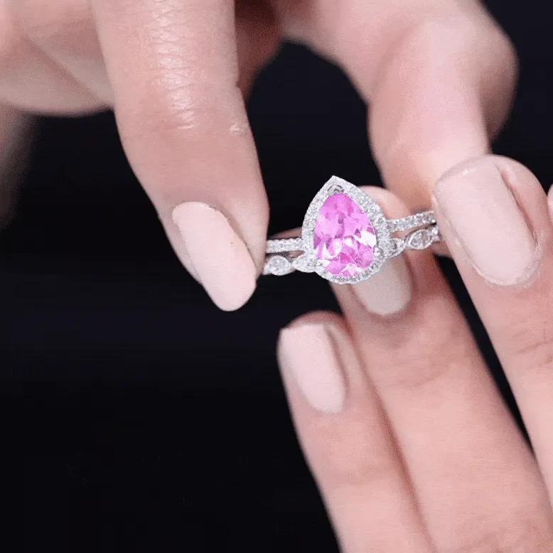 Lab Grown Pink Sapphire Pear Shaped Engagement Ring Set