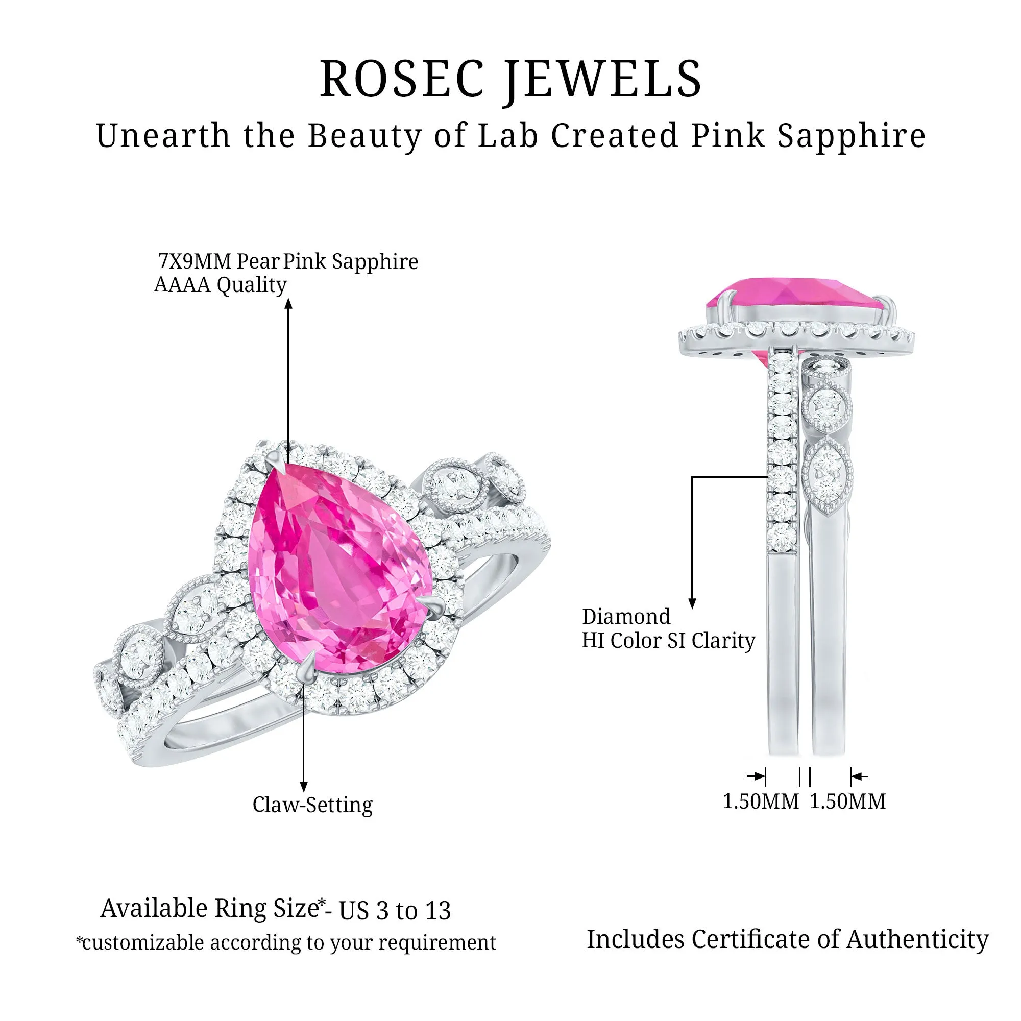 Lab Grown Pink Sapphire Pear Shaped Engagement Ring Set