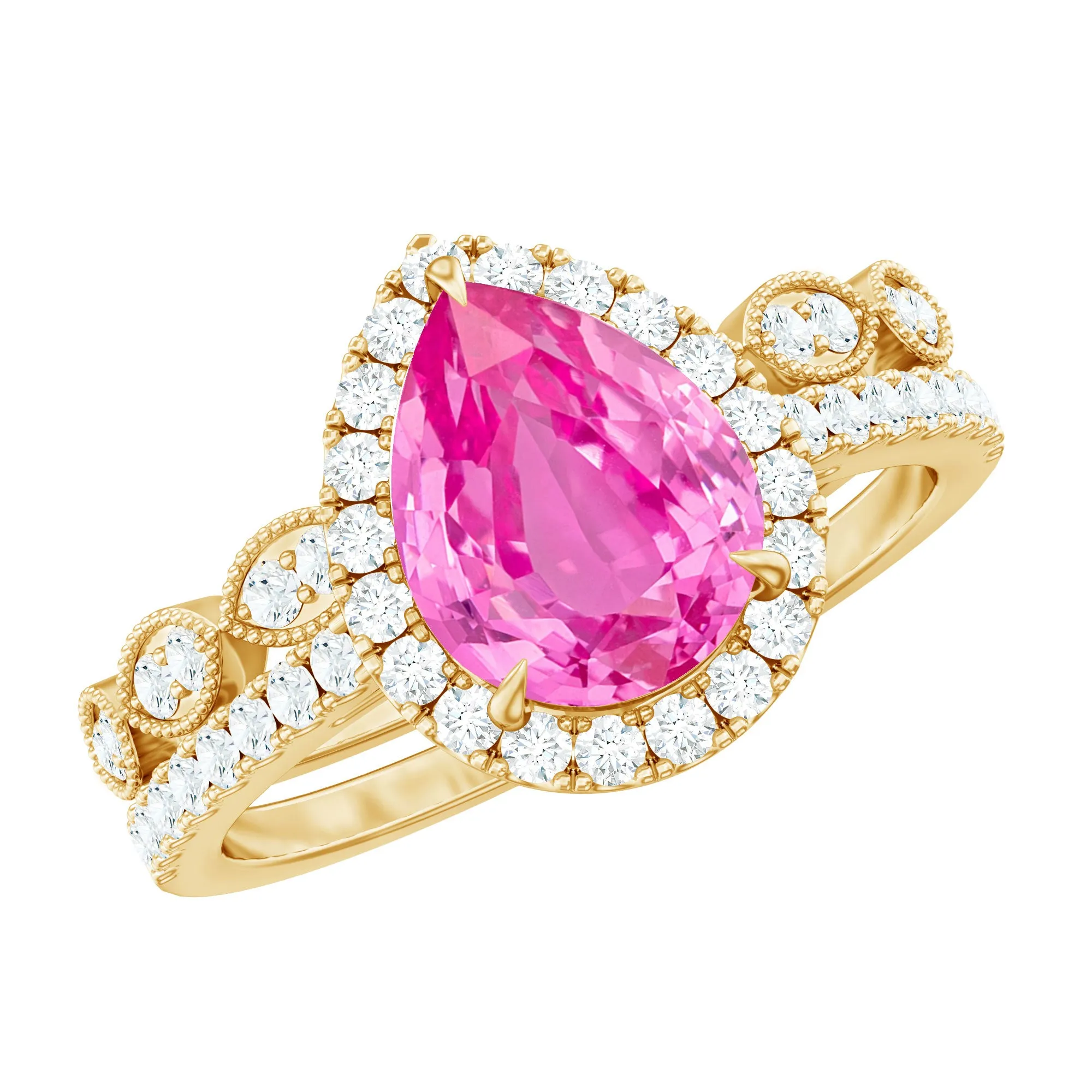 Lab Grown Pink Sapphire Pear Shaped Engagement Ring Set