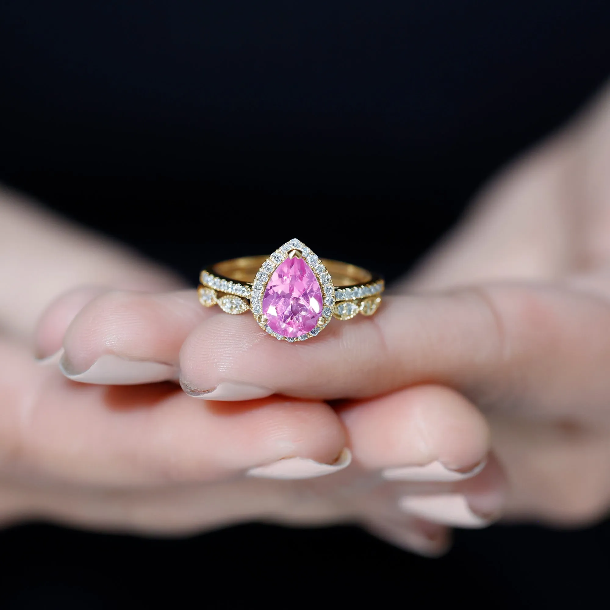 Lab Grown Pink Sapphire Pear Shaped Engagement Ring Set