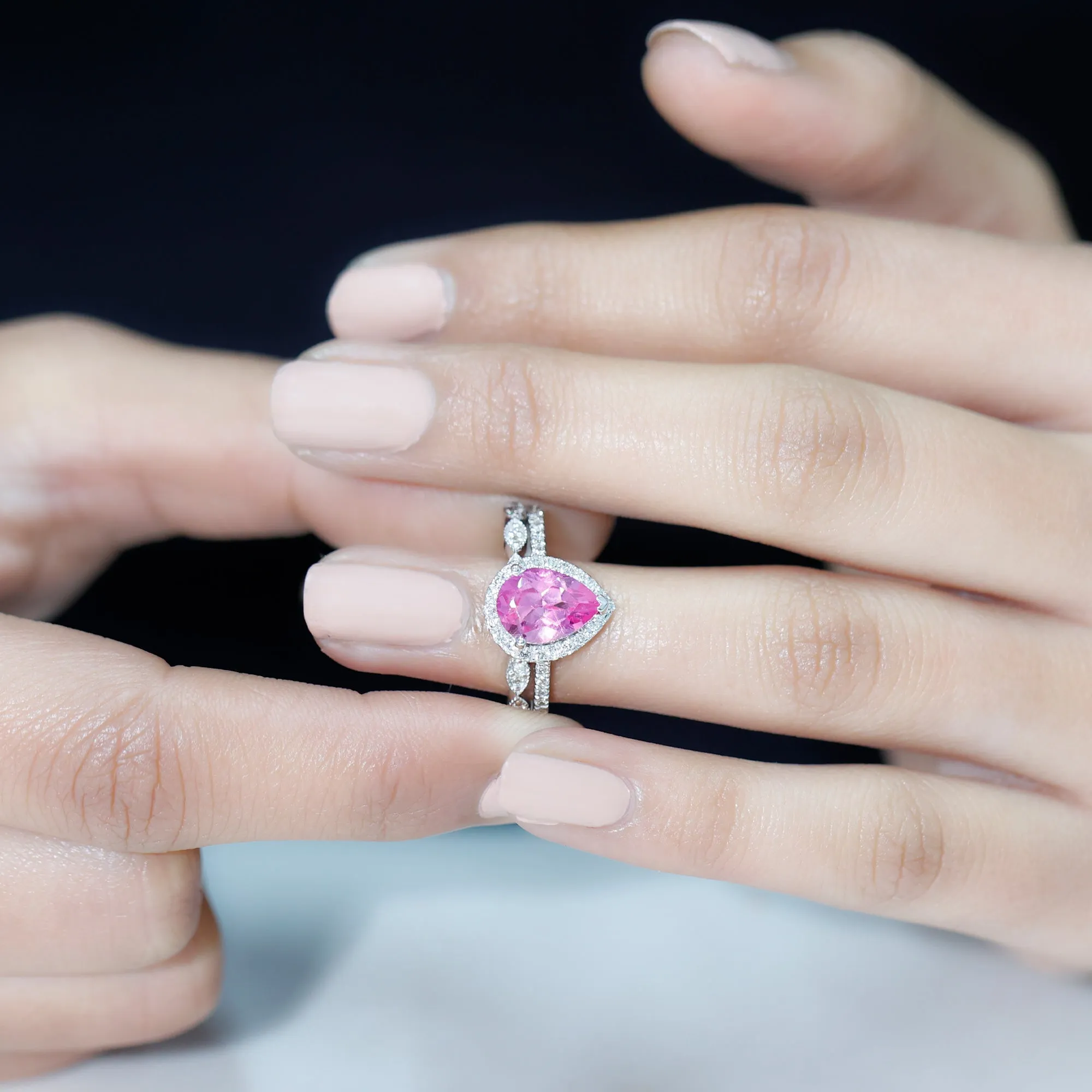 Lab Grown Pink Sapphire Pear Shaped Engagement Ring Set