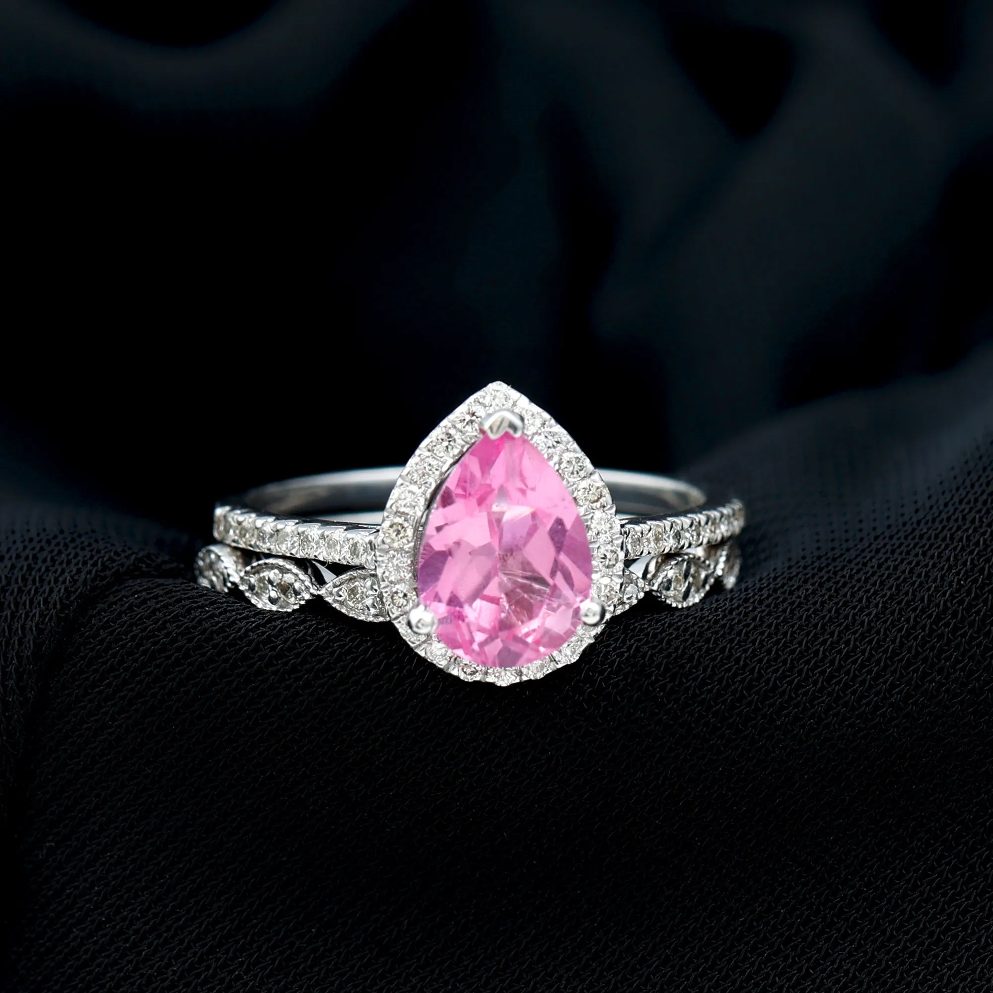 Lab Grown Pink Sapphire Pear Shaped Engagement Ring Set