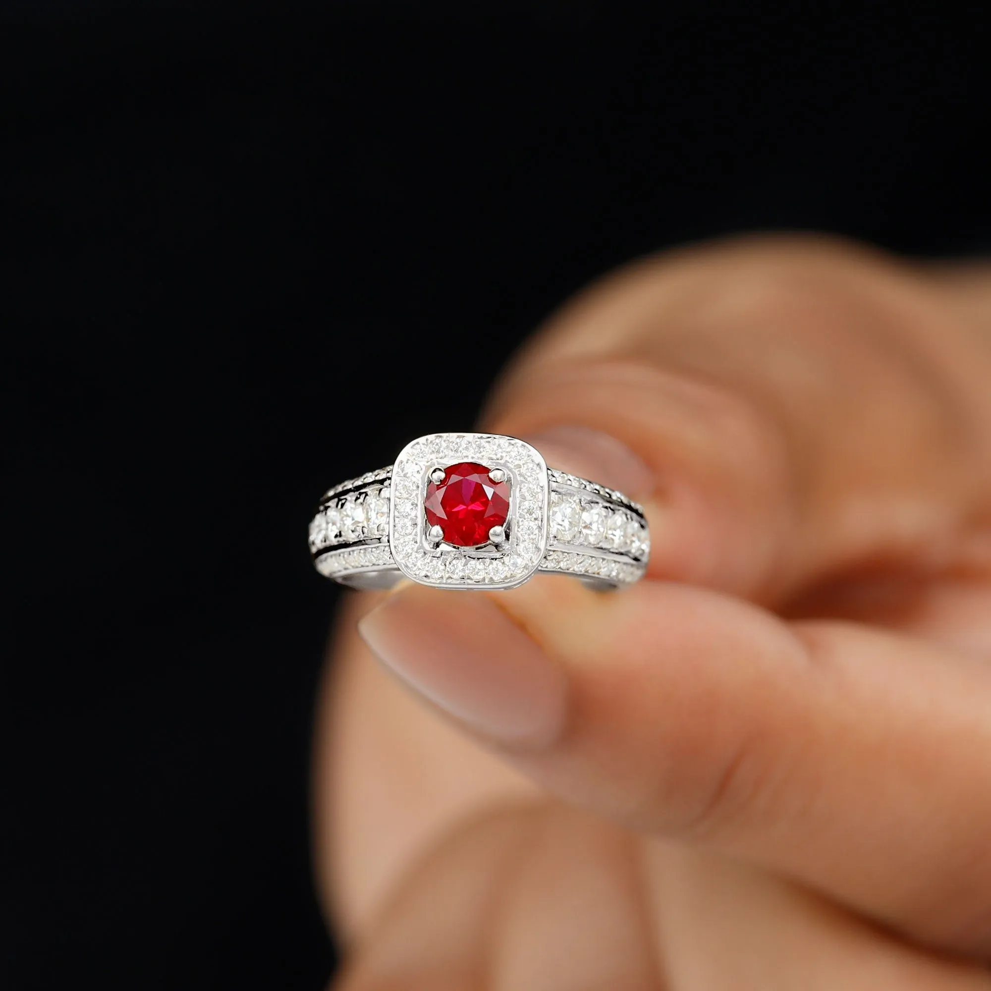 Lab Grown Ruby and Moissanite Halo Engagement Ring